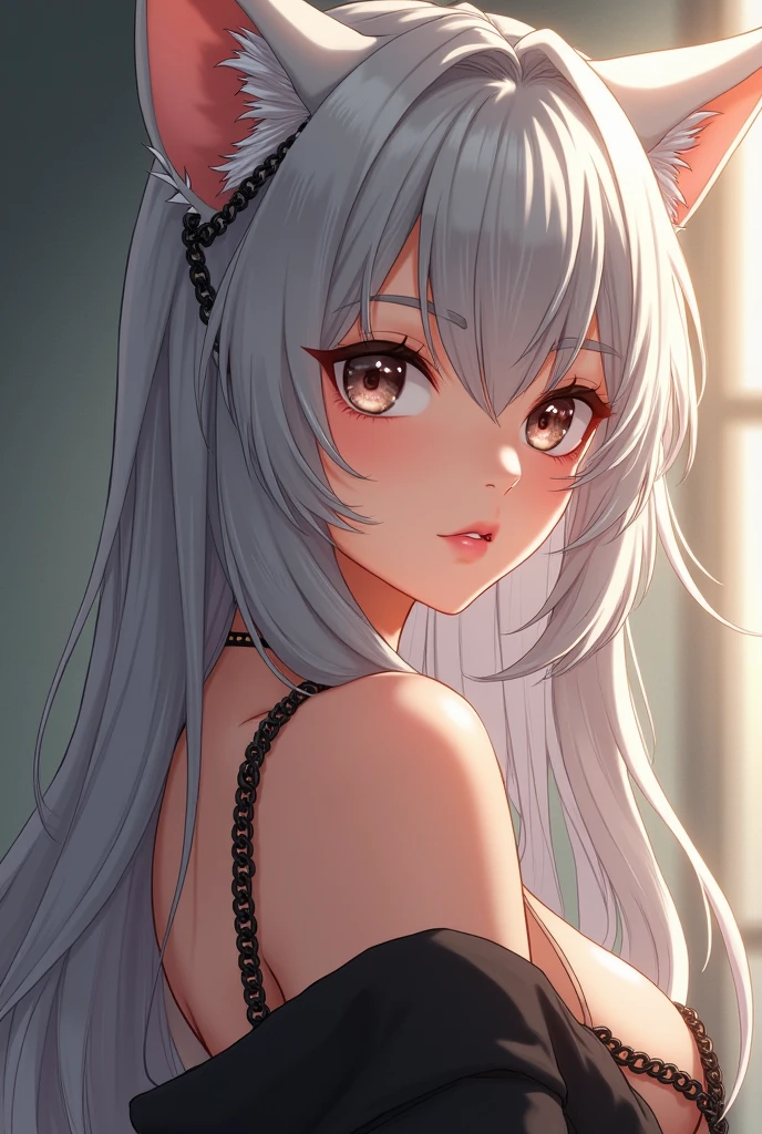 Sexy cute anime girl with fox hears dark