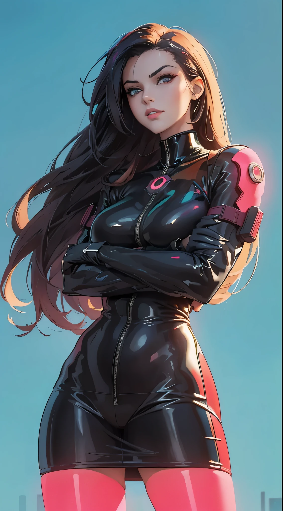 solo, super fine photo, portrait Unreal Engine 5 8K UHD of beautiful and aesthetic girl (girl: 1.3), gorgeous, black short wavy hair, red and black color scheme tight cybernetic latex catsuit, cyberpunk assassin, cyberpunk full face helmet, earrings, cybernetic long heel, cybernetic long glove, futuristic design, magenta neon lights details, beautiful make up, best quality, masterpiece, official art, unified 8k wallpaper, super detailed, sharp focus, dynamic pose, body parts