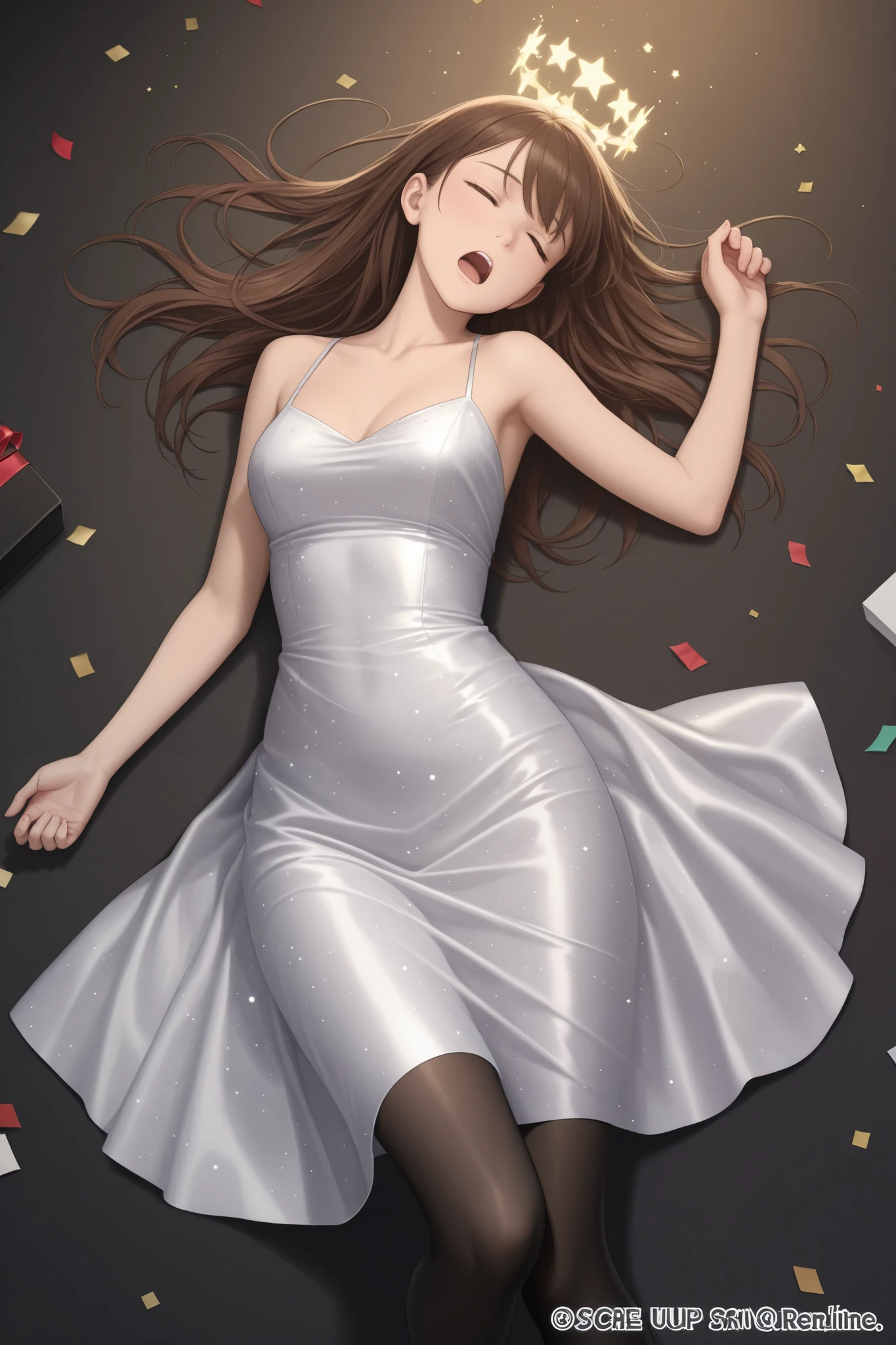 masterpiece, best quality, 1girl, {unconscious:2.0}, black tights, open mouth, party dress, {eyes closed:4.0}, party, official art, brown hair, long hair, falling backwards, head tilt, detailed eyes, legs bent inward, fainting, stars above head