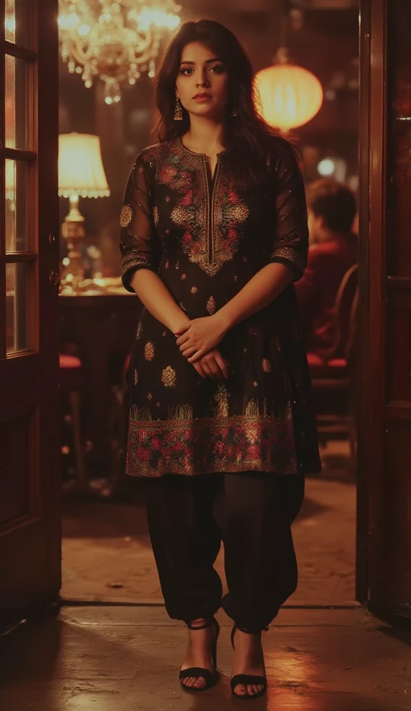 a tall fat v shape body figure woman stands straight gracefully at a party,camera-facing with her hands  together in front of her.she is wearing a punjabi-style outfit made of black satin multicolor lace design work fabric kurti. the round-neck kurti has exaggerated puffy shoulders, adding a dramatic flair, and fitting 3/4 sleeves for an elegant touch. paired with lame fabric dhoti-style shalwar,the look is completed with high heels that accentuate her poised stance,exuding sophistication and allure.