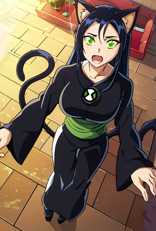 1 woman,  Cat tails. green eyes, ben10, botton,  balck hair. Black kimono. 2 tails.