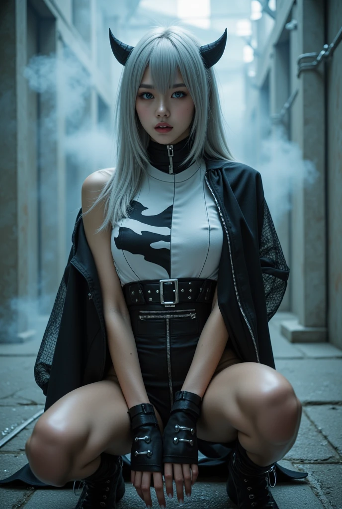 (nsfw:1.3), masterpiece, Best Quality, Realistic, A mysterious and sophisticated beautiful sexy young girl, identity hidden, all body shot, with blue eyes wears futuristic and sexy fashion art. 18-years-old, cute and sexy Japanese girl is climbing at a wide angle, sitting and sexy posing, with her full body in frame. She has an ultra-slim waist, large firm breasts, a large-sized buttocks, showcasing sculptural beauty. gray arranged hair, light color eyes, Realistic skin, Detailed face, , small head. /// dressed in a striking white and black military print bodysuit paired with a sleek black leather belt with a futuristic metallic buckle and low-rise black maxi skirt with zipper accents. She wears a sheer black mesh bomber jacket adorned with white and black military patches, chunky black high-cut Sneakers with silver hardware. Her look is fierce and bold, complemented by black fingerless gloves with white LED lights and high-tech accessories. adding an edgy attitude. Her outfit is completed, merging functionality with style. exuding a hint of rebellion, embodying the essence of future street-chic fashion. The wear hugs her body tightly, accentuating her curves and digging sensuously into her skin, /// small head and face, Detailed wide Duck mouth, half open mouth, perfectly aligned teeth, perfect beautiful wide teeth, light blue eyes, half open eyes, shiny Droopy eyes, looking other, /// She is situated within the interior of a futuristic colony, in the deep night, with mist drifting and steam rising from concrete