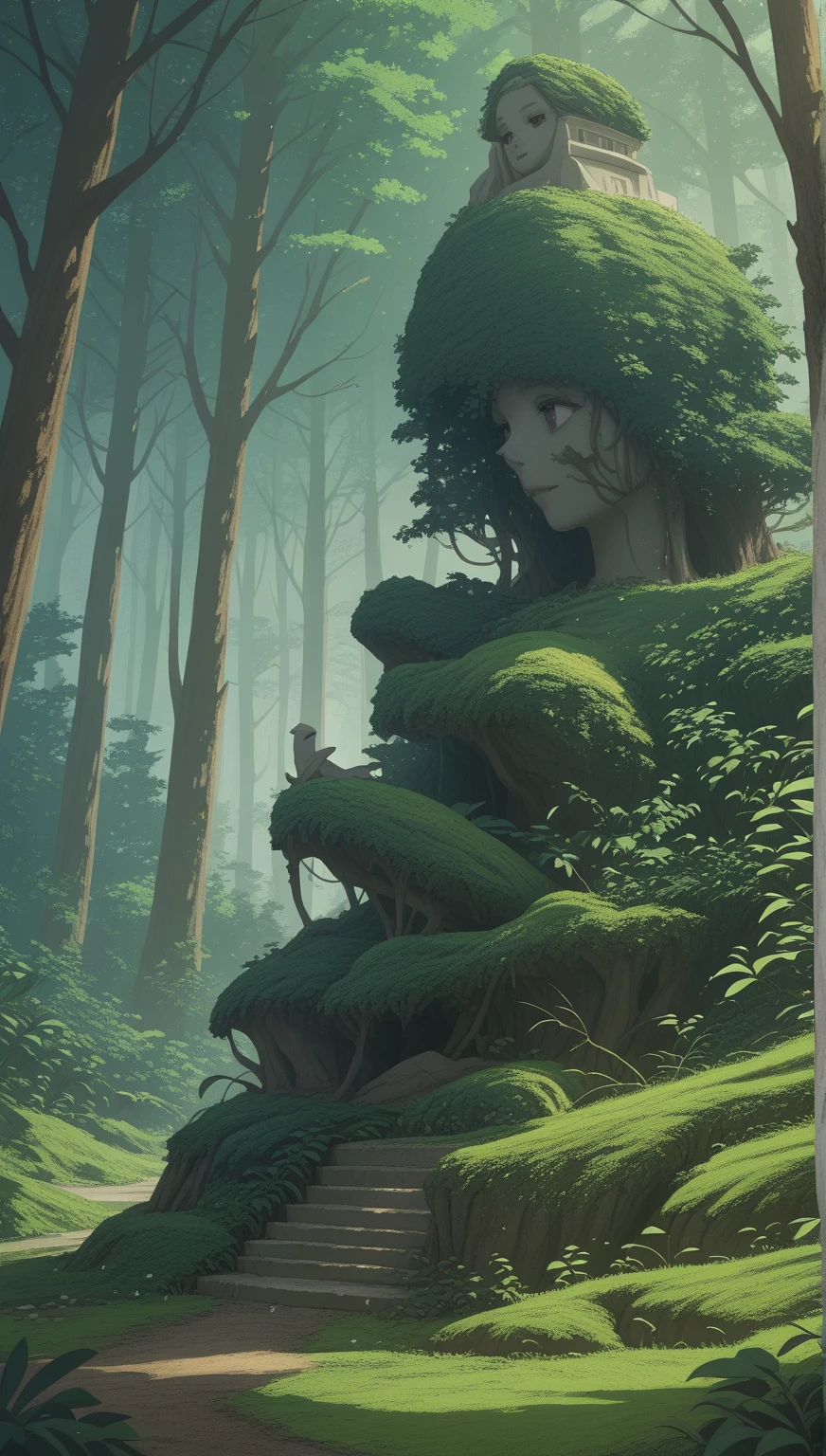 A cursed statue deep in the woods,The Cursed Statue in the Deep Forest,The cursed person who was made into a statue,Moss grew and trees wrapped around,