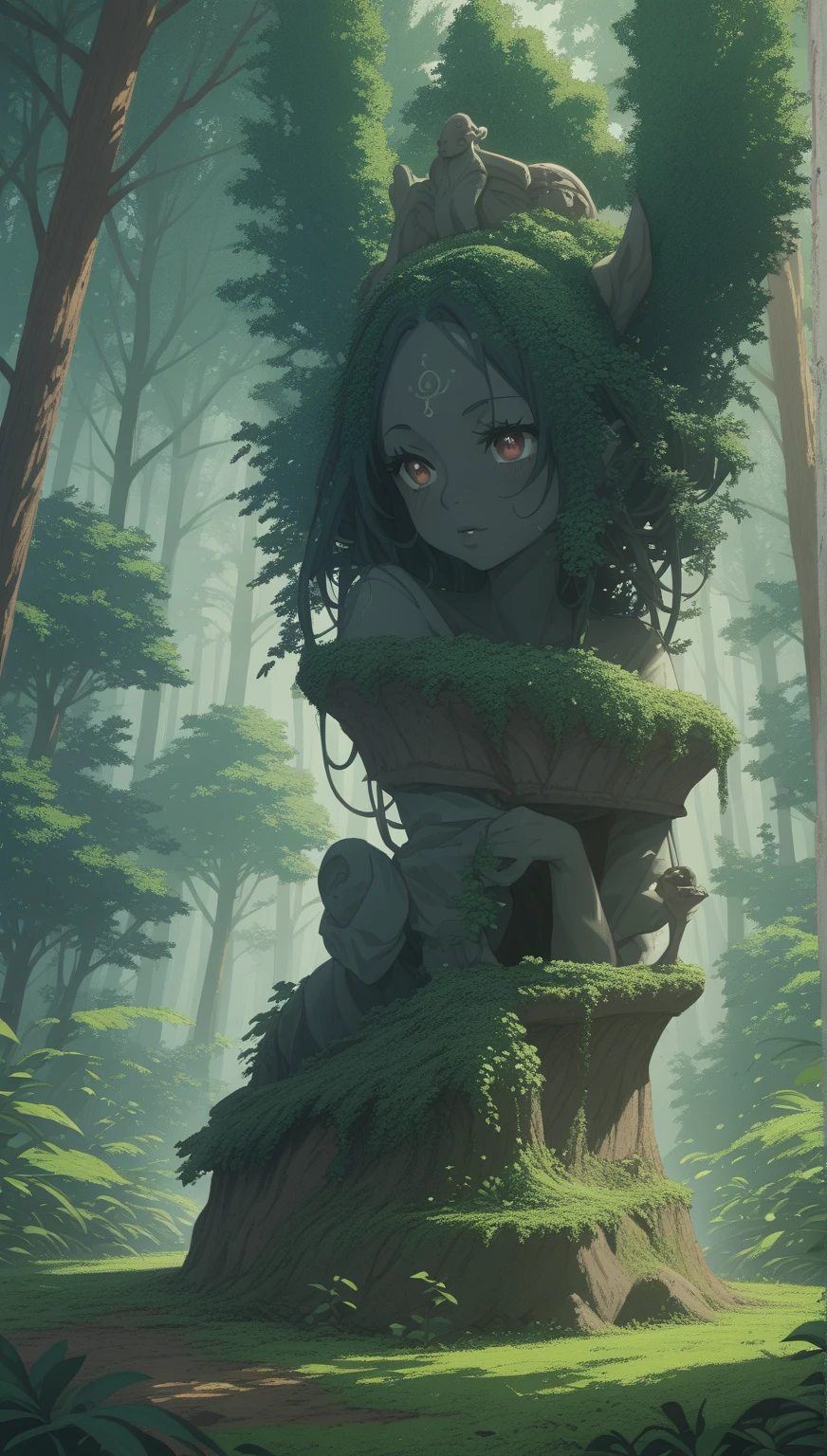 A cursed statue deep in the woods,The Cursed Statue in the Deep Forest,The cursed person who was made into a statue,Moss grew and trees wrapped around,