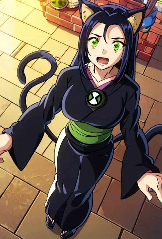 1 woman,  Cat tails. green eyes, ben10, botton,  balck hair. Black kimono. 2 tails. Boca cerrada.