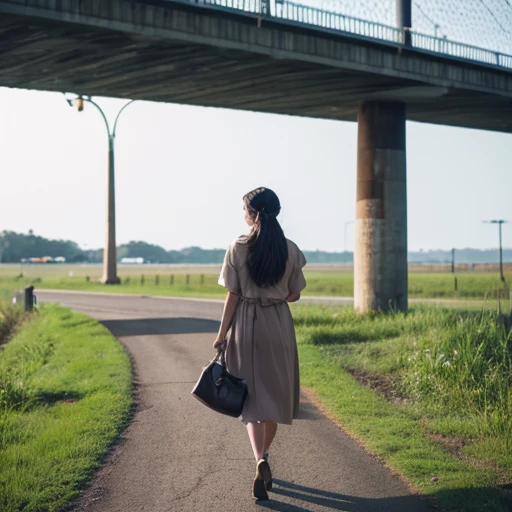 Short lady, 8-10 years, I'm standing в парке, leaning on the bench, back view, dressed in a light summer dress, High quality and detail, photo from the back, puts his hands on the bench, I'm standing, leaning towards the bench