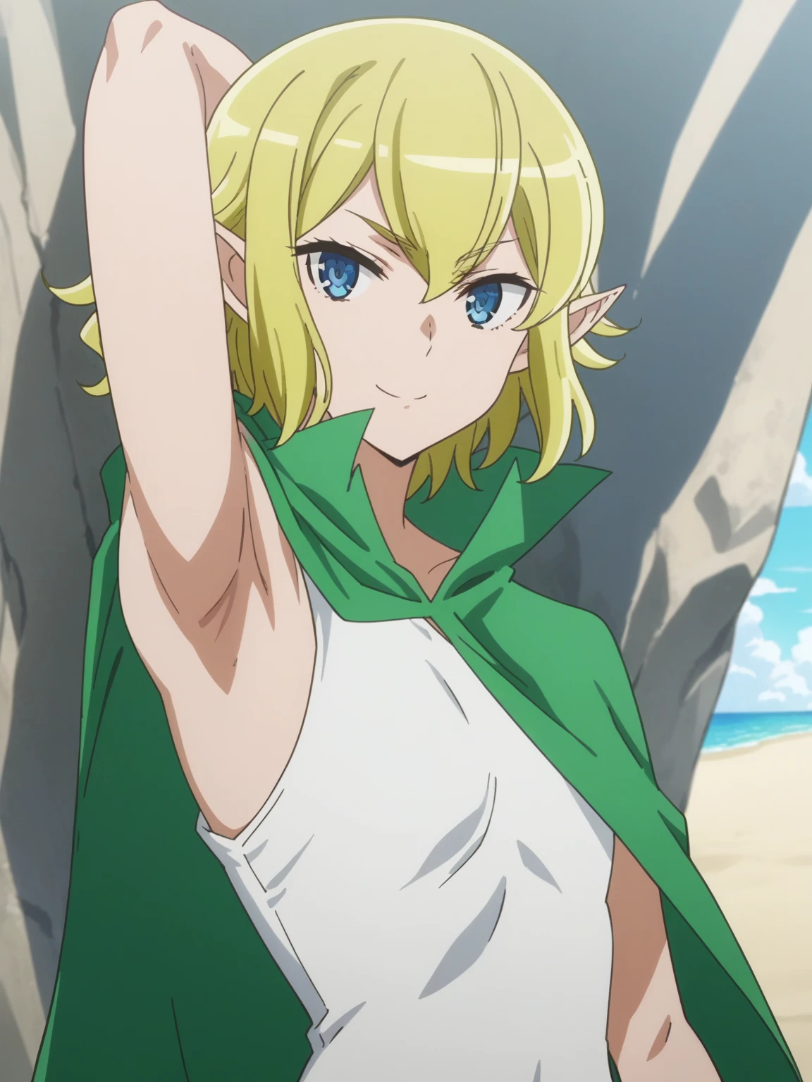 score_9, score_8_up, score_7_up, source_anime, anime screencap, 1girl, solo, ryuu lion, elf ear, short hair, blue eyes, yellow hair, bangs, white shirt, sleeveless, green cape, bare shoulders, bare arms, arm behind head, armpit, looking at viewer, head towards viewer, smile, badhandv4, outdoors, beach, closed mouth, from side, from below,