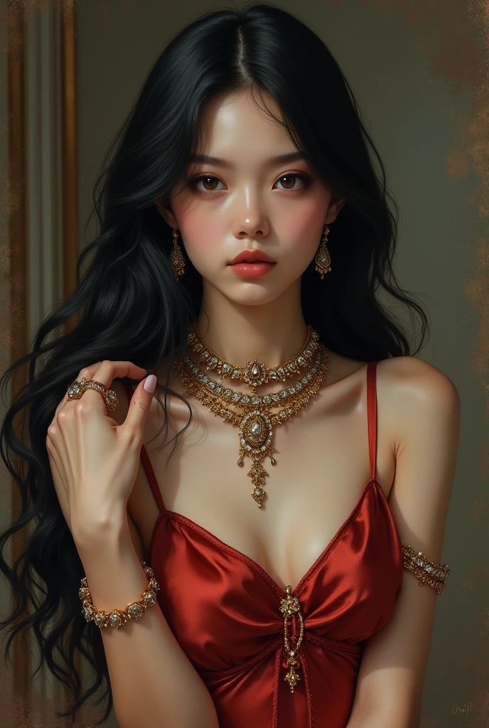 Majestic pink queen woman sitting black hair with a m