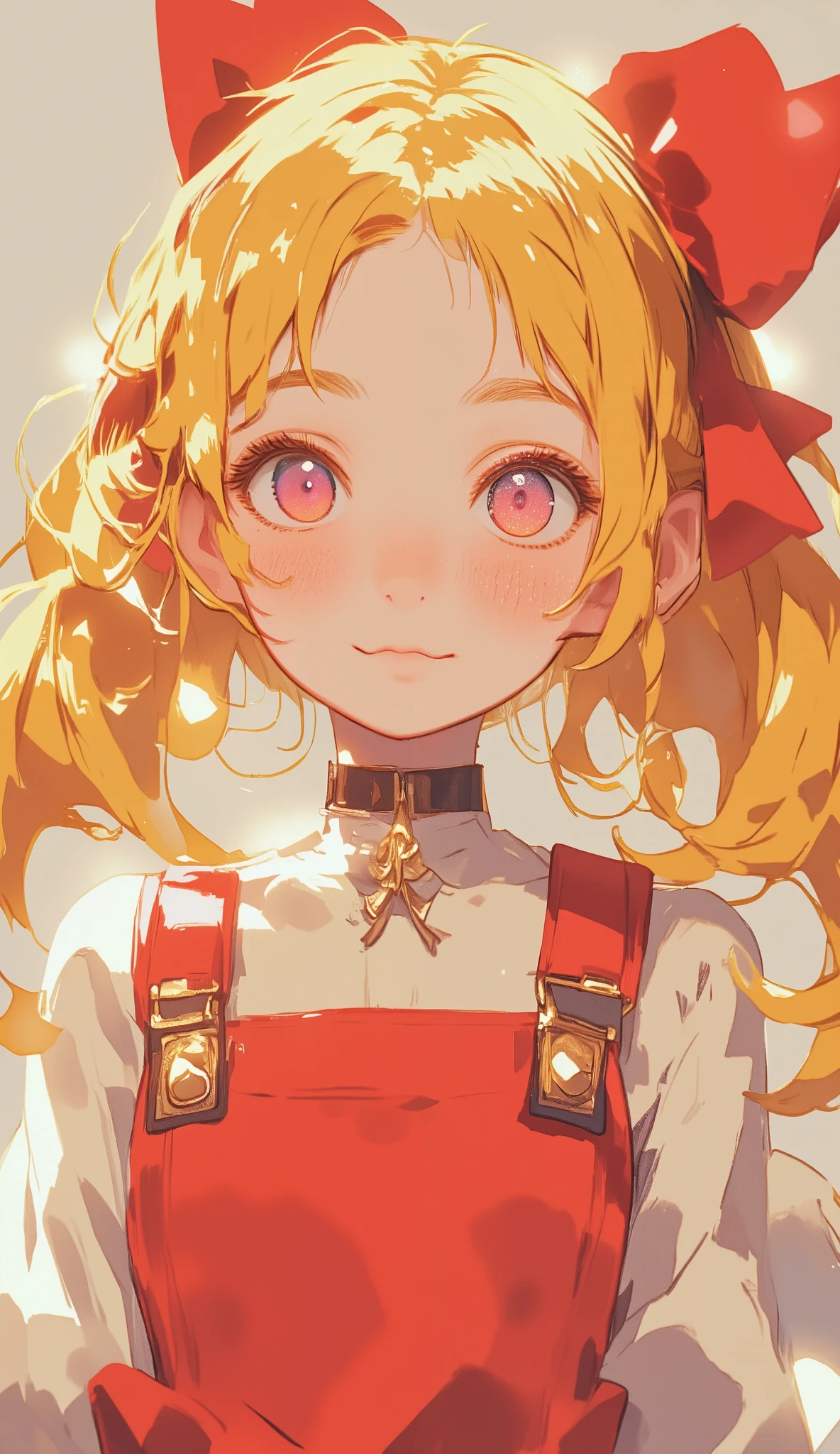 One cute girl、Blonde、Wavy twin tails、 red ribbon 、Freckles、 white skin、Red one piece dress、
