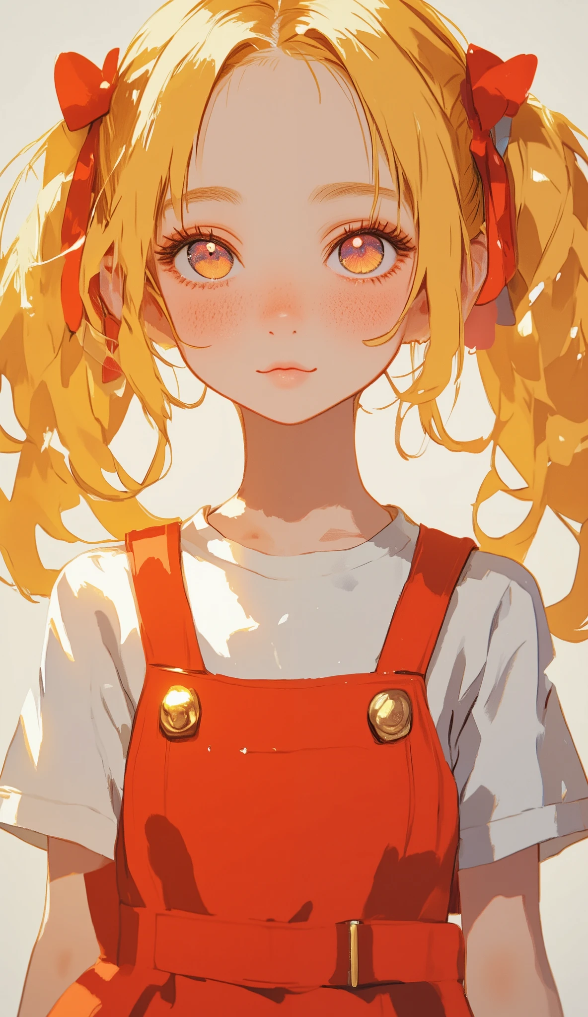 One cute girl、Blonde、Wavy twin tails、 red ribbon 、Freckles、 white skin、Red one piece dress、
