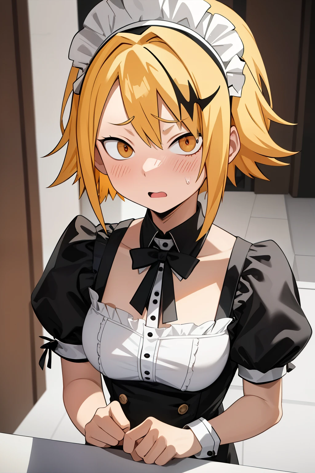   masterpiece ,   better quality ,  anatomy, 1 , Alone,   man approaches ,   looking at the lunar spectator  ,   upper body, Kaminari_Thank you, blonde hair,   multicolored  _hair,  maid costume,  expression: Scared, highly strung, blushing, Embarrassed watching the spectator, bottom: kitchen, chico