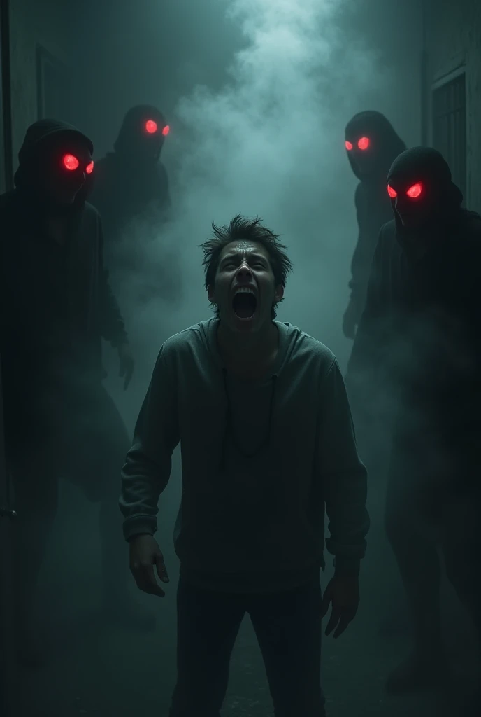 A terrified prisoner gripping a walkie-talkie in his trembling hand, his face contorted in fear. Behind him, a massive, grotesque horror looms, its monstrous form partially obscured by thick shadows. The walls of the prison cell are smeared with blood and grime, adding to the overwhelming sense of dread. The atmosphere is dark, gloomy, and filled with a creeping sense of terror. Style: horror, creepy, nasty. The scene is drenched in deep reds and blacks, with harsh lighting that accentuates the blood and terror. High detail and resolution