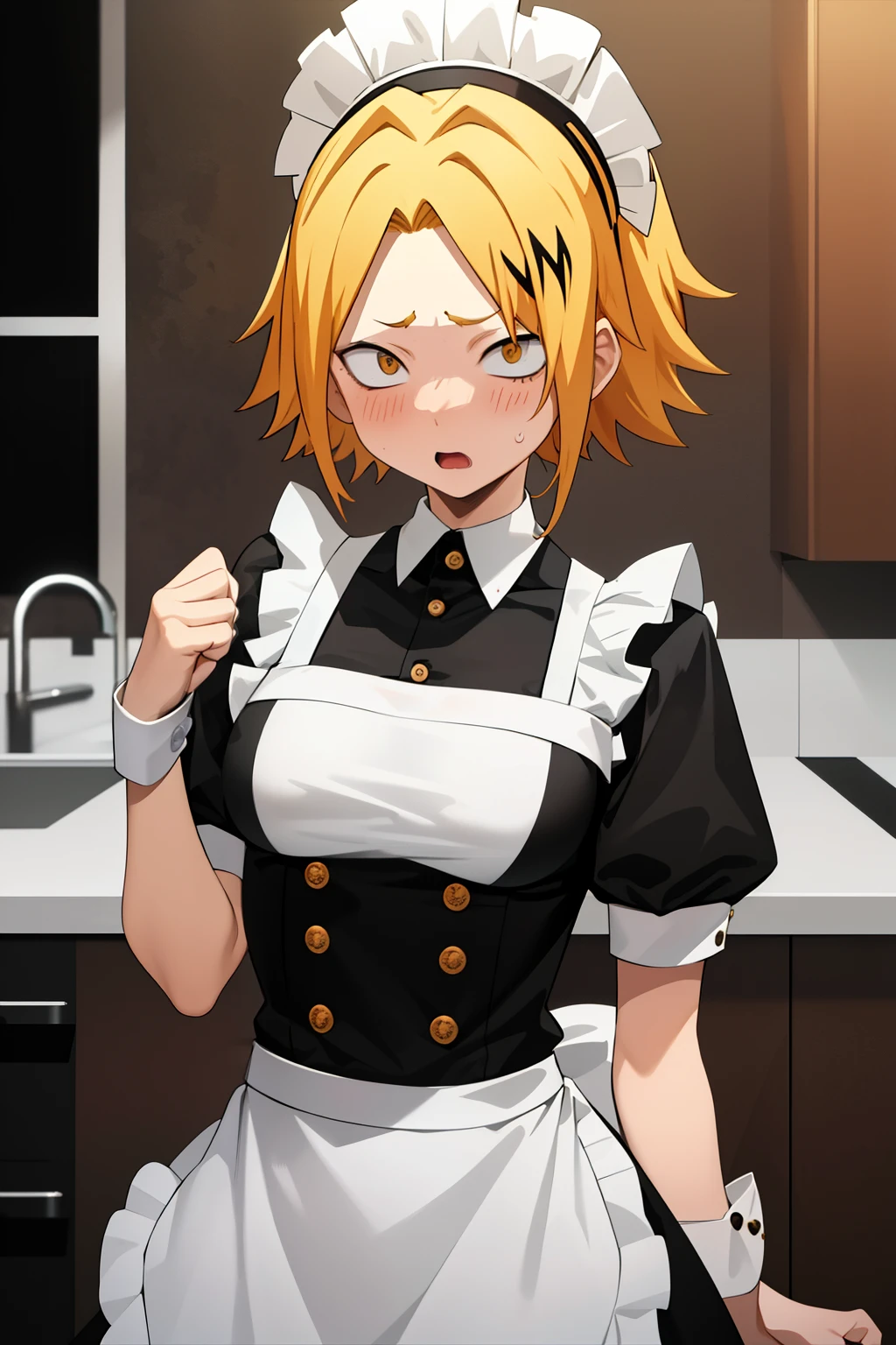 masterpiece , better quality , anatomy, 1 , Alone, man approaches , looking at the lunar spectator , upper body, Kaminari_Thank you, blonde hair, multicolored _hair, sexy maid outfit, expression: Scared, highly strung, blushing, Embarrassed watching the spectator, bottom: kitchen, chico