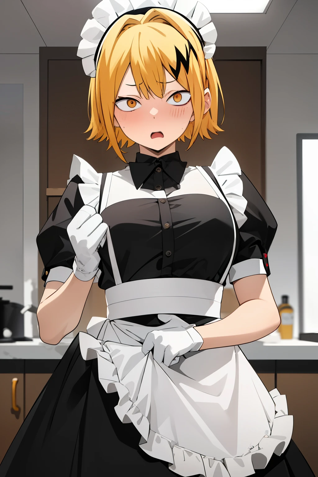   masterpiece ,   better quality ,  anatomy, 1 , Alone,   man approaches ,   looking at the lunar spectator  ,   upper body, Kaminari_Thank you, blonde hair,   multicolored  _hair,  maid costume,  expression: Scared, highly strung, blushing,  embarrassed seeing the spectator holding her skirt avoiding being lifted, bottom: kitchen
