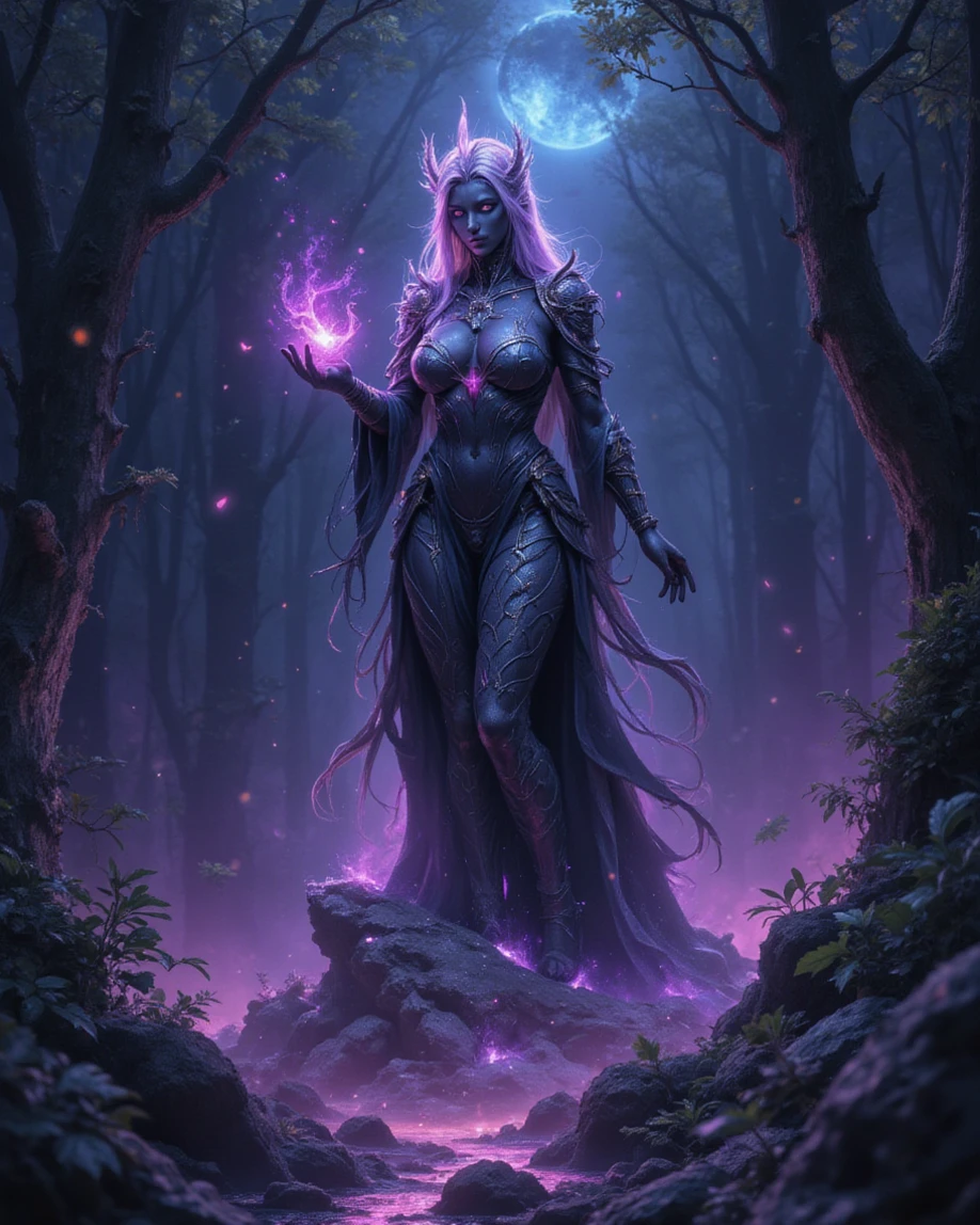 purple hair, elf, necromancer full body, darkness, skulls in the background, casting a spell