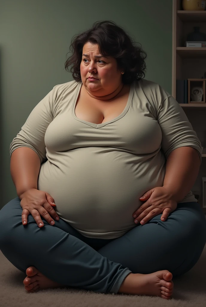 A morbidly obese girl unable to get up, becoming even fatter, leaving her immobile and full of folds of fat.