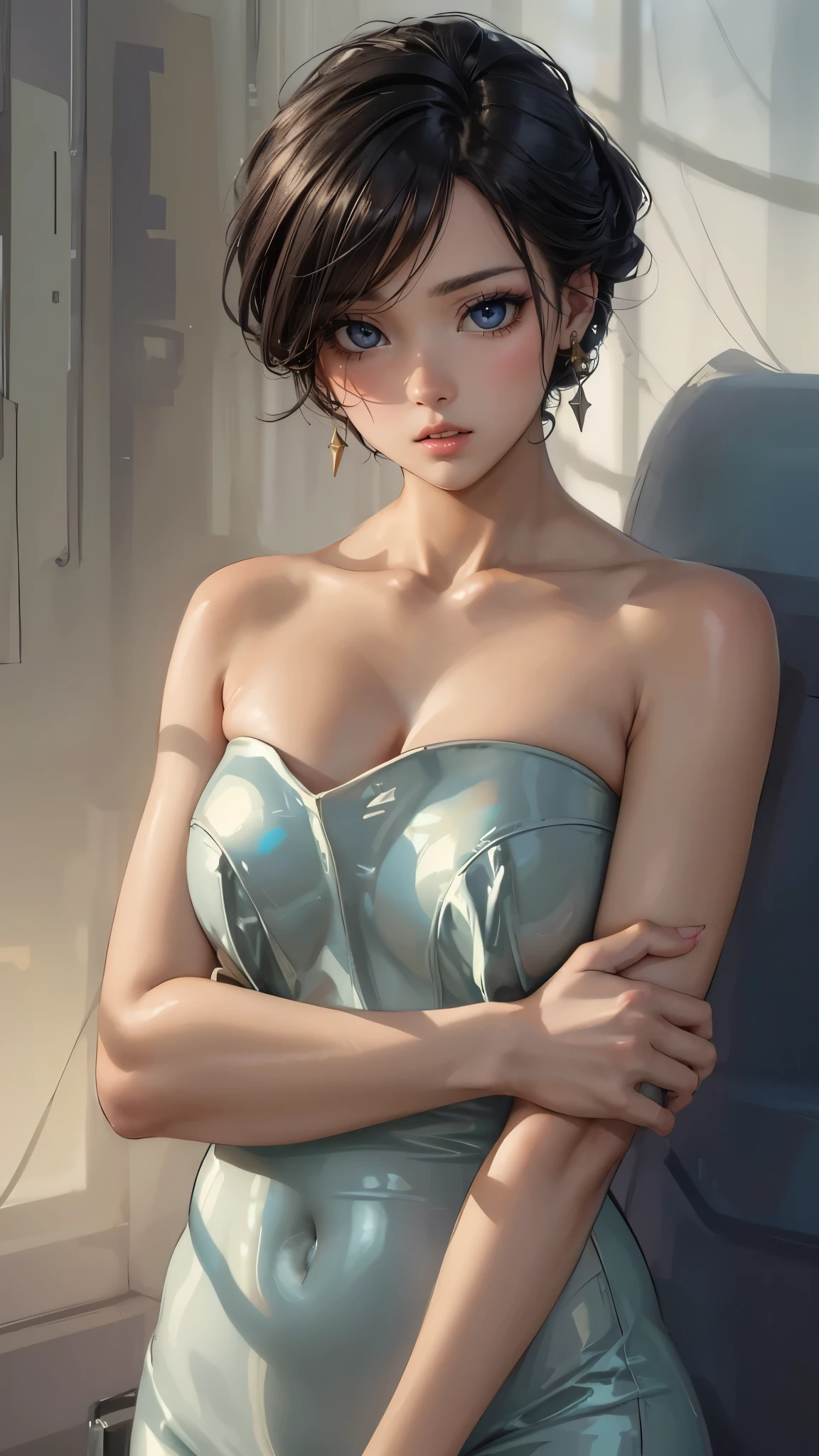 green eyes, (green color hair:1.2),By bang，short hair, 
BREAK (white dress, short dress, elbow gloves, white gloves, thigh strap:1.2),
BREAK folds hands behind head、open legs、A look of contempt、glareing、Teary-eyed、The whole body is wet with 、Yogurt on the face and chest,
BREAK (masterpiece:1.2), best quality, high resolution, unity 8k wallpaper,NSFW ,(illustration:0.8), (beautiful detailed eyes:1.6), extremely detailed face, perfect lighting, extremely detailed CG, (perfect hands, perfect anatomy),