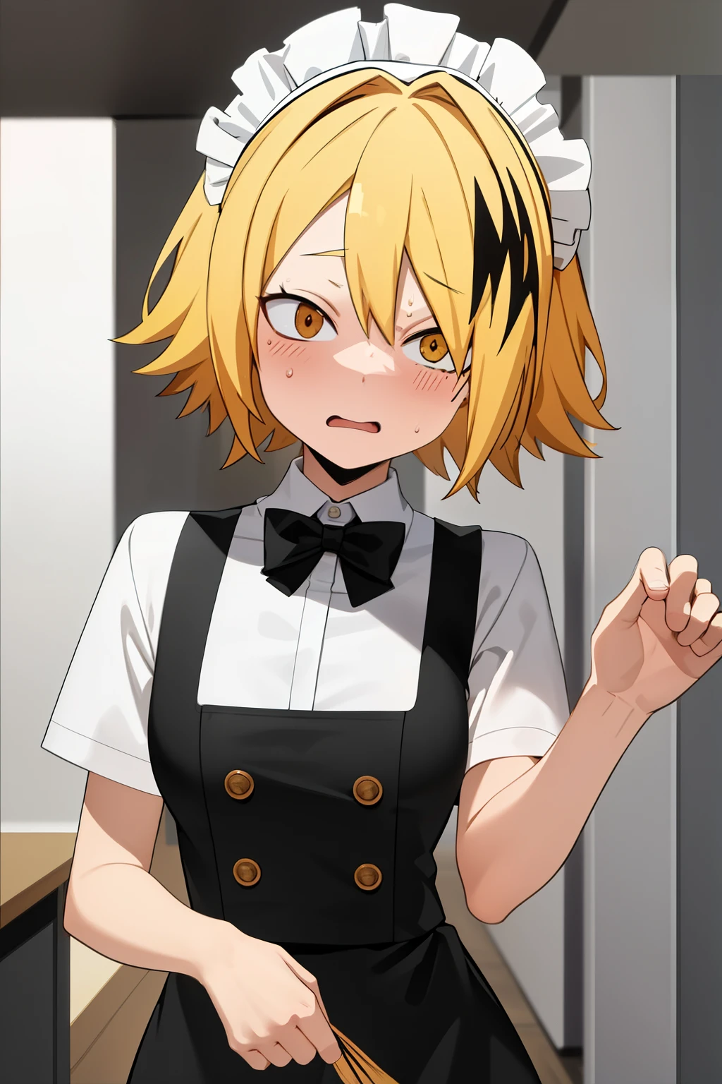   masterpiece ,   better quality ,  anatomy, 1 , Alone,   man approaches ,   looking at the lunar spectator  ,   upper body, Kaminari_Thank you, blonde hair,   multicolored  _hair, sexy short maid costume with nets,  expression: Scared, highly strung, blushing, Embarrassed watching the spectator, bottom: kitchen, backwards