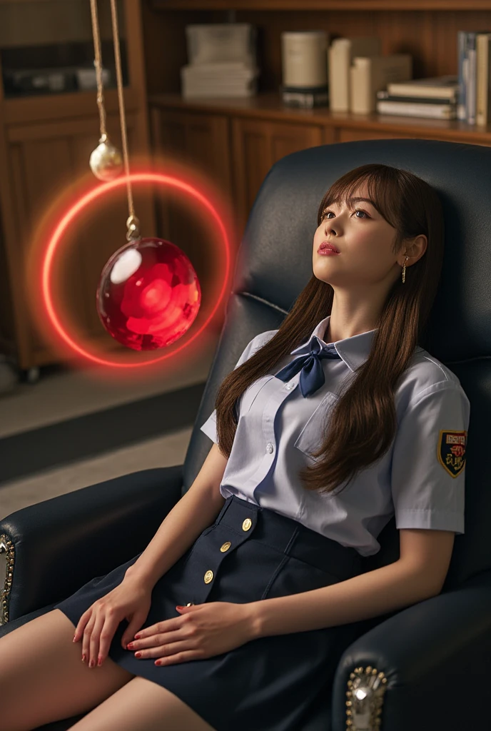 Sexy beautiful Japanese woman, a self defense officer uniform, white shirt, short sleeves, navy blue tie, navy blue pencil skirt, beautiful ass, Black patent high heels, Beautiful thighs, She is sitting in a recliner with a tilted back, undergoing hypnotherapy, A white-coated doctor standing outside the frame swings a red jeweled pendant in front of her face, She looks up at the pendant hanging above her head, Thependant occupies 40% of the frame positioned in the center left slightly overlapping her face, Her gaze peels to the center of the pendant, The red light spreads outward in multiple rippling arcs surrounding the pendant, The pendant is blurred, Large medical office with a relaxed atmosphere like a Western-style room with bookshelves and desks, sensual, enraptured, Perspective from above her head, brown hair, long hair, floating hair, bangs, unconscious, torogao, parted lips, from above, Surrealism, UHD, retina, masterpiece, accurate, anatomically correct, textured skin, super detail, high details, high quality, best quality, highres, 1080P, HD, 4K, 8k, 16k