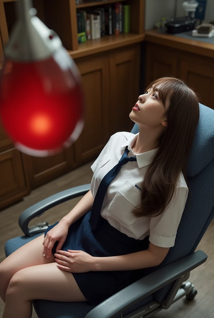 Sexy beautiful Japanese woman, a self defense officer uniform, white shirt, short sleeves, navy blue tie, navy blue pencil skirt, beautiful ass, Black patent high heels, Beautiful thighs, She is sitting in a recliner with a tilted back, undergoing hypnotherapy, A white-coated doctor standing outside the frame swings a red jeweled pendant in front of her face, She looks up at the pendant hanging above her head, Thependant occupies 40% of the frame positioned in the center left slightly overlapping her face, Her gaze peels to the center of the pendant, The red light spreads outward in multiple rippling arcs surrounding the pendant, The pendant is blurred, Large medical office with a relaxed atmosphere like a Western-style room with bookshelves and desks, sensual, enraptured, Perspective from above her head, brown hair, long hair, floating hair, bangs, unconscious, torogao, parted lips, from above, Surrealism, UHD, retina, masterpiece, accurate, anatomically correct, textured skin, super detail, high details, high quality, best quality, highres, 1080P, HD, 4K, 8k, 16k