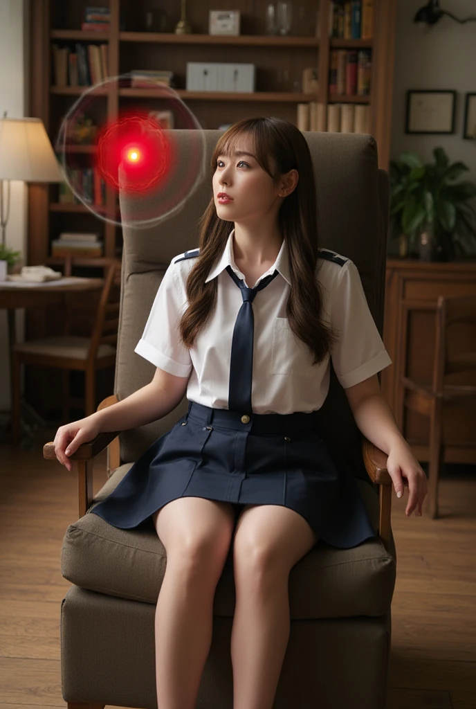 Sexy beautiful Japanese woman, a self defense officer uniform, white shirt, short sleeves, navy blue tie, navy blue pencil skirt, beautiful ass, Black patent high heels, Beautiful thighs, She is sitting in a recliner with a tilted back, undergoing hypnotherapy, A white-coated doctor standing outside the frame swings a red jeweled pendant in front of her face, She looks up at the pendant hanging above her head, Thependant occupies 40% of the frame positioned in the center left slightly overlapping her face, Her gaze peels to the center of the pendant, The red light spreads outward in multiple rippling arcs surrounding the pendant, The pendant is blurred, Large medical office with a relaxed atmosphere like a Western-style room with bookshelves and desks, sensual, enraptured, Perspective from above her head, brown hair, long hair, floating hair, bangs, unconscious, torogao, parted lips, from above, Surrealism, UHD, retina, masterpiece, accurate, anatomically correct, textured skin, super detail, high details, high quality, best quality, highres, 1080P, HD, 4K, 8k, 16k