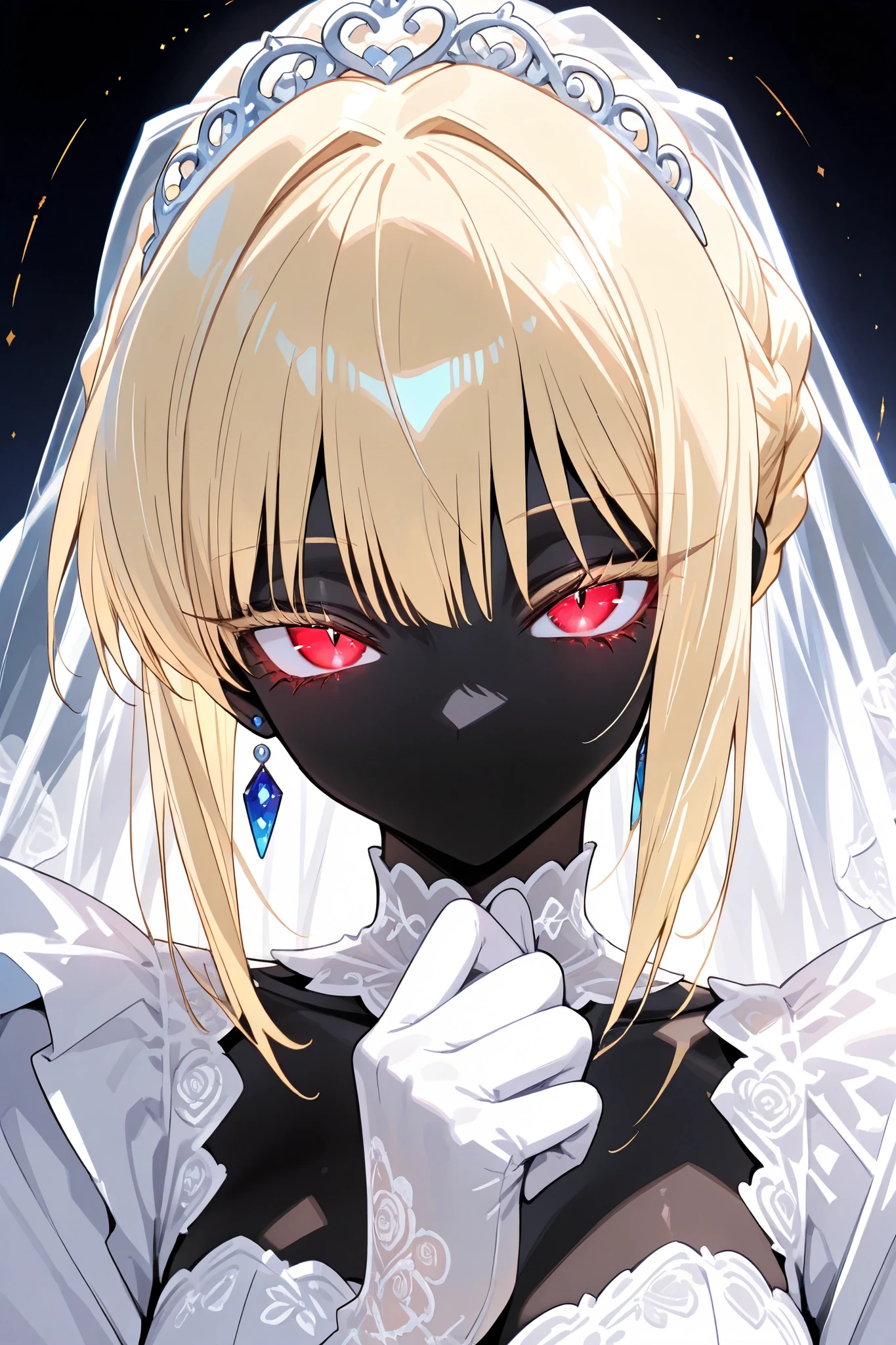 ((Score_9, masterpiece:1.3, highres, 8k wallpaper)), (black lady:1.3, no mouth:1.3, black body:1.3, black, black, black skin, beautiful blond bob cut, cool beauty eyes:1.3, Long eyelashes, Slit eyes:1.4, Cold Eyes, Narrow eyes, Pure white wedding dress:1.4, Intricate and beautiful embroidery:1.4, Beautiful pure white gloves, high light, beautiful effect:1.25