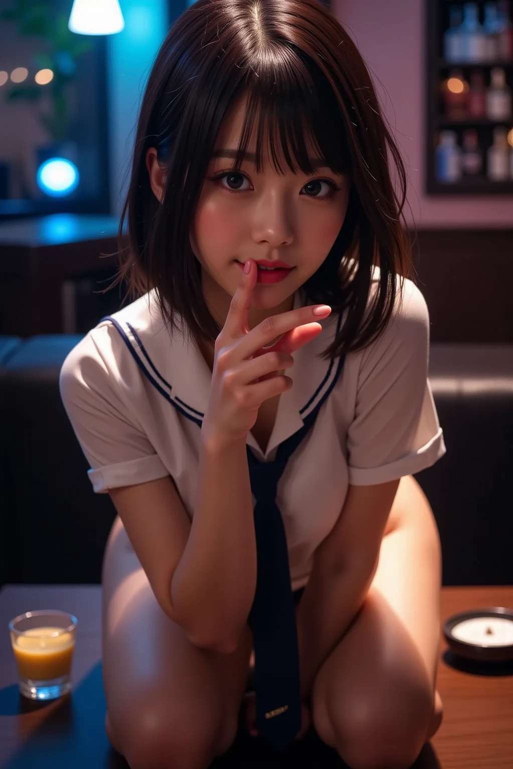 Inside Nightclub, (Raw photo: 1.2), of the highest quality, Beautiful detailed girl,, Smile,  japanese,18years old,BREAK,put right fisting hand in front of mouth,(fellatio gesture,chuckle,erotick eyes,seductive eyes:1.4), High resolution,allfours,8K Wallpaper,Highly detailed eyes and face, Beautiful detailed eyes, Fine detail, Highly detailed ticker uniform 8K wallpaper, Light on Face, Movie Lighting,  girl, Sexy Pose, (Photorealism: 1.4),, From below, Super Detail, masterpiece,  On all fours,looking up,spot lighting,stick out tongue ,long tongue,front lighting,not too long tongue,not open eyes large