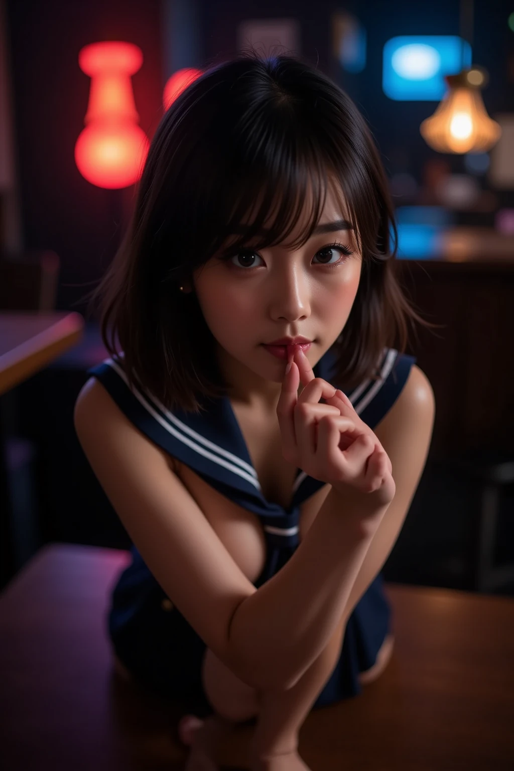 Inside Nightclub, (Raw photo: 1.2), of the highest quality, Beautiful detailed girl,, Smile,  japanese,18years old,BREAK,put right fisting hand in front of mouth,(fellatio gesture,chuckle,erotick eyes,seductive eyes:1.4), High resolution,allfours,8K Wallpaper,Highly detailed eyes and face, Beautiful detailed eyes, Fine detail, Highly detailed ticker uniform 8K wallpaper, Light on Face, Movie Lighting,  girl, Sexy Pose, (Photorealism: 1.4),, From below, Super Detail, masterpiece,  On all fours,looking up,spot lighting,stick out tongue ,long tongue,front lighting,not too long tongue,not open eyes large