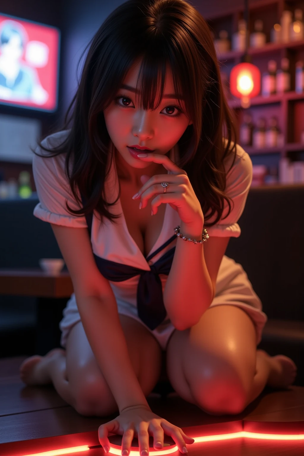 Inside Nightclub, (Raw photo: 1.2), of the highest quality, Beautiful detailed girl,, Smile,  japanese,18years old,BREAK,put right fisting hand in front of mouth,(fellatio gesture,chuckle,erotick eyes,seductive eyes:1.4), High resolution,allfours,8K Wallpaper,Highly detailed eyes and face, Beautiful detailed eyes, Fine detail, Highly detailed ticker uniform 8K wallpaper, Light on Face, Movie Lighting,  girl, Sexy Pose, (Photorealism: 1.4),, From below, Super Detail, masterpiece,  On all fours,looking up,spot lighting,stick out tongue ,long tongue,front lighting,not too long tongue,not open eyes large