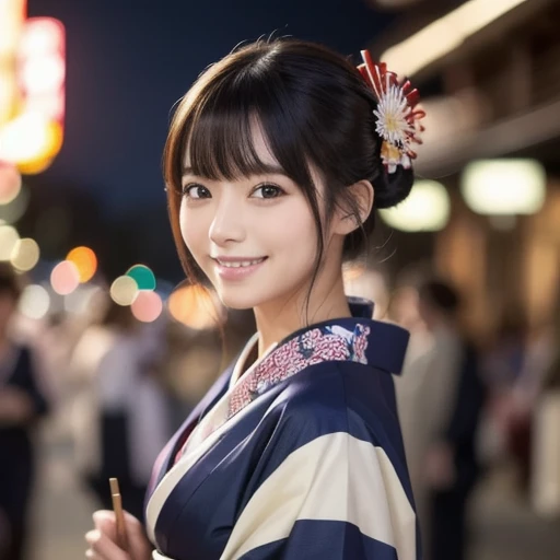 ((( top quality , 8k, Masterpiece))),  sharp focus , ( Beautiful Woman with a Perfect Body ), slender, ( hairstyles at their best:  up)), (( kimono: Cane)), street: 1.2 高精細な顔と肌の質感 詳細な目 Double eyelids ランダムな姿勢, (smile),s uper cute Japan person,s uper beauty Japanese girl,  Realistic Face, Double eyelids,smile,  summer festival   , At sunset ,Fireworks Background.