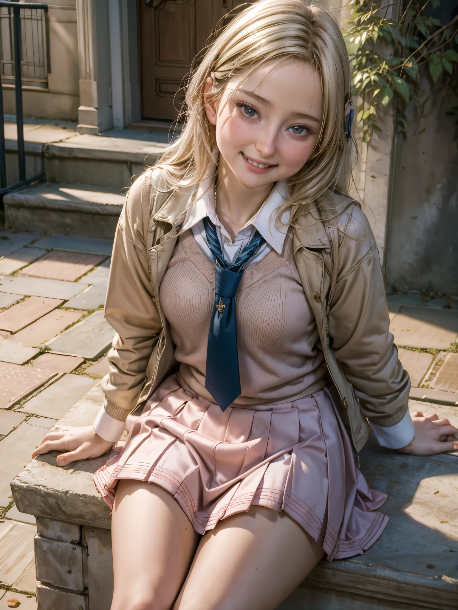 1girl,((school uniform)), ,blush,light smile, sitting,outdoors,parisdiam0nd