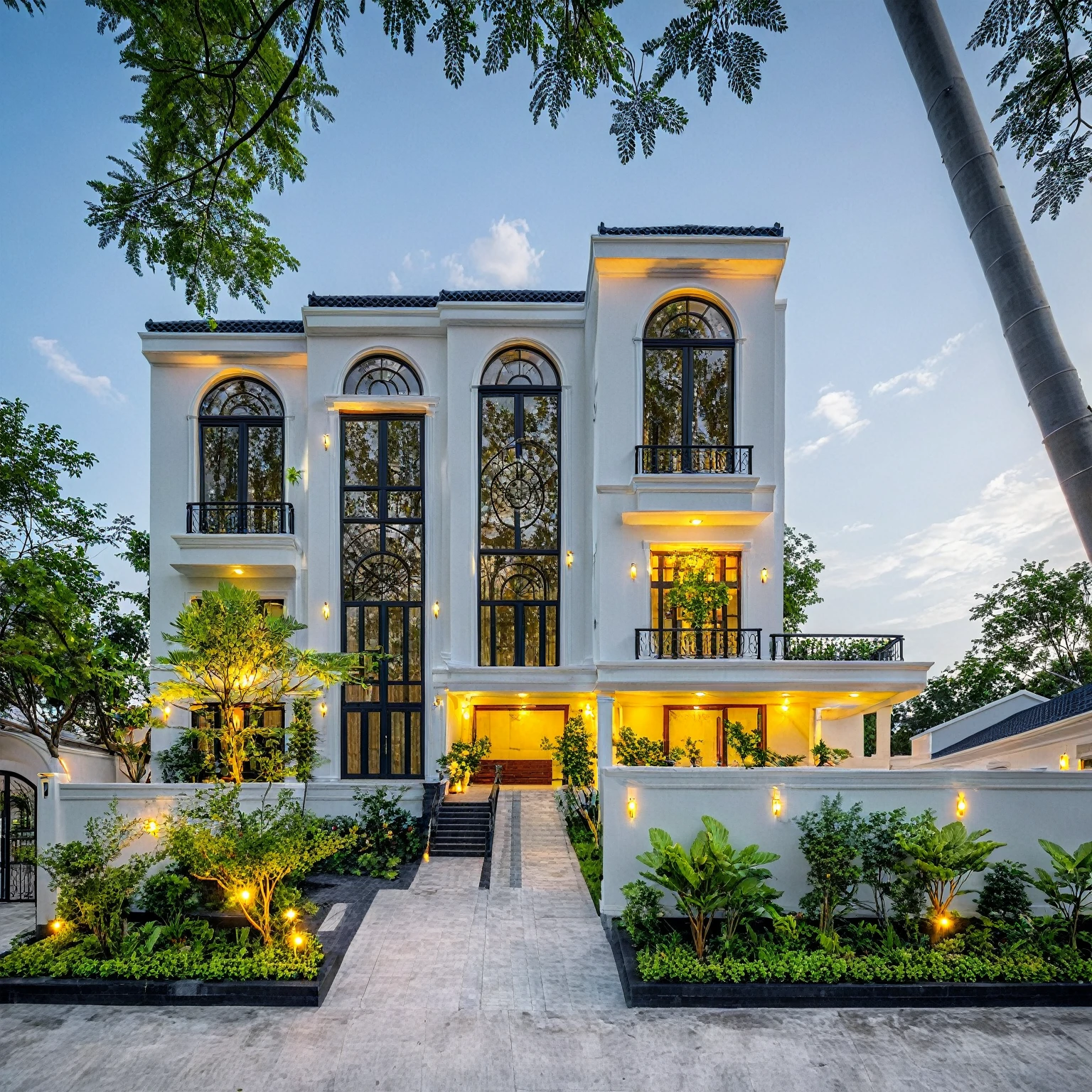 (masterpiece:1.2), best quality, photo of A two-story modern house in VietNam with white walls and dark tiles on the roof., tree and plant environment,daylight, streetcapes, natural light, vivid color, The exterior of an elegant single family home features large windows, a dark gray door frame.