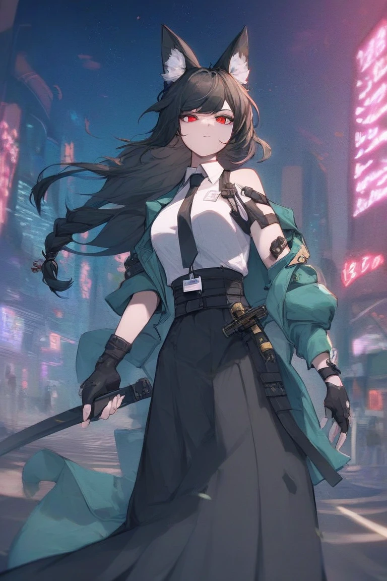 Masterpiece,  best quality ,  stare at viewers,  expressionless, hsmyb  ,  fox ears,  red eyes, White Eyes,  bright students,  black hair,  long hair,  stupid brother ,  side lock,  Half Up Braided ,  Medium Breasts,  green jacket ,   chest strap,  ID card,  collared shirt ,  white shirt,  black tie,  arm strap,  high waist skirt, black skirt,  Long Skirt, belt, Tassel,  black pantyhose,  single gauntlet , fingerless glove,  black gloves, unsheathing,  holding sword , katana, Outdoors, Urban,   knight , wind,  sci-fi ,  neon light, Starry Sky, NSFW