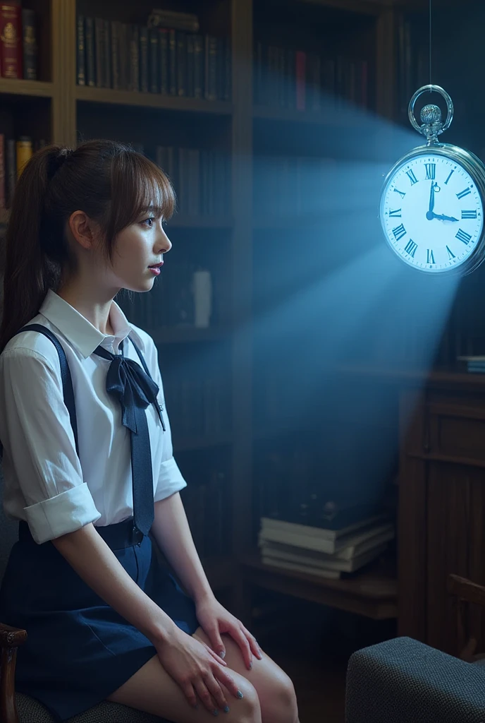 Beautiful japanese girl, wearing a self-defense officer uniform(White short-sleeved shirt and  navy blue tie and short sleeve and navy blue and pencil skirt), black patent high heels, she sitting in a classic study as the pocket watch hangs from just outside the frame, The pocket watch occupies 40% of the frame positioned in the center right slightly overlapping her face, Her gaze peels to the center of the pocket watch, The blue light spreads outward in multiple rippling arcs surrounding the pocket watch, The pocket watch is blurred, The scene has a mysterious hypnotic atmosphere with bookshelves and antique furniture in the background, sensual, enraptured, brown hair, bangs, floating hair, parted lips, unconscious, torogao, long hair, blurry foreground, cowboy shot, Surrealism, UHD, retina, masterpiece, accurate, anatomically correct, textured skin, super detail, high details, high quality, best quality, highres, 1080P, HD, 4K, 8k, 16k