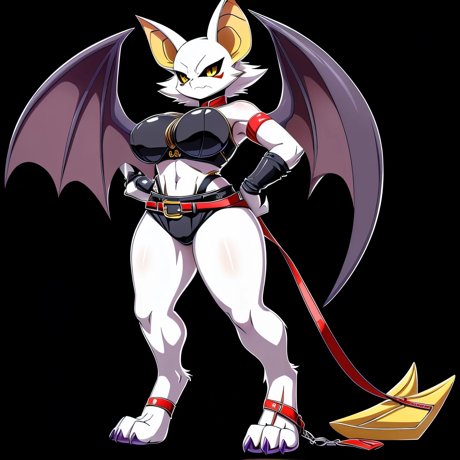 SFW version, anime, anime style, solo drawing, ((three-quarter view)), ((looking to the side)), full body picture, Anthro bat character, ((Tall figure)), ((buxom figure)), ((white skin)), clawed hands, ((clawed feet)), ((huge bat wings)), ((Purple Bat Wings)), ((white bat ears)), exposed belly, ((wearing belts on arms)), ((wearing belts around calves)), ((wearing belts around thighs)), sexy outfit, black clothes, ((white face)), neutral expression, bright yellow eyes, ((digitigrade legs)), ((digitigrade feet)), solid black background, dark background, highly detailed anime style, clean lines, beautiful demoness, female demon, gorgeous demon girl, attractive bat girl, ((hourglass figure)), short muzzle, furry cheeks, furry muzzle