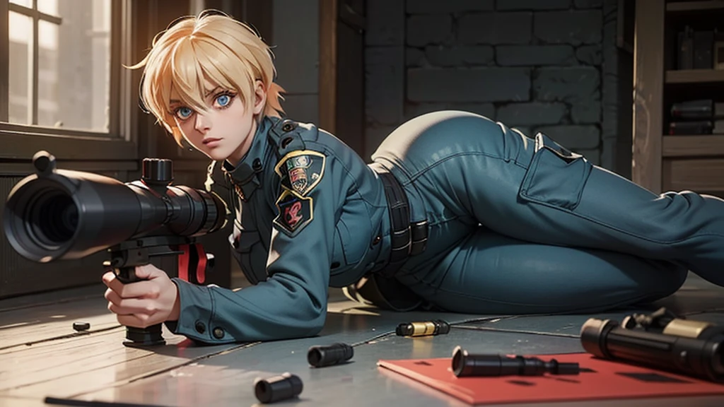 Seras Victoria, young female police officer from Hellsing Ultimate, laying down shooting her 20 mm sniper cannon