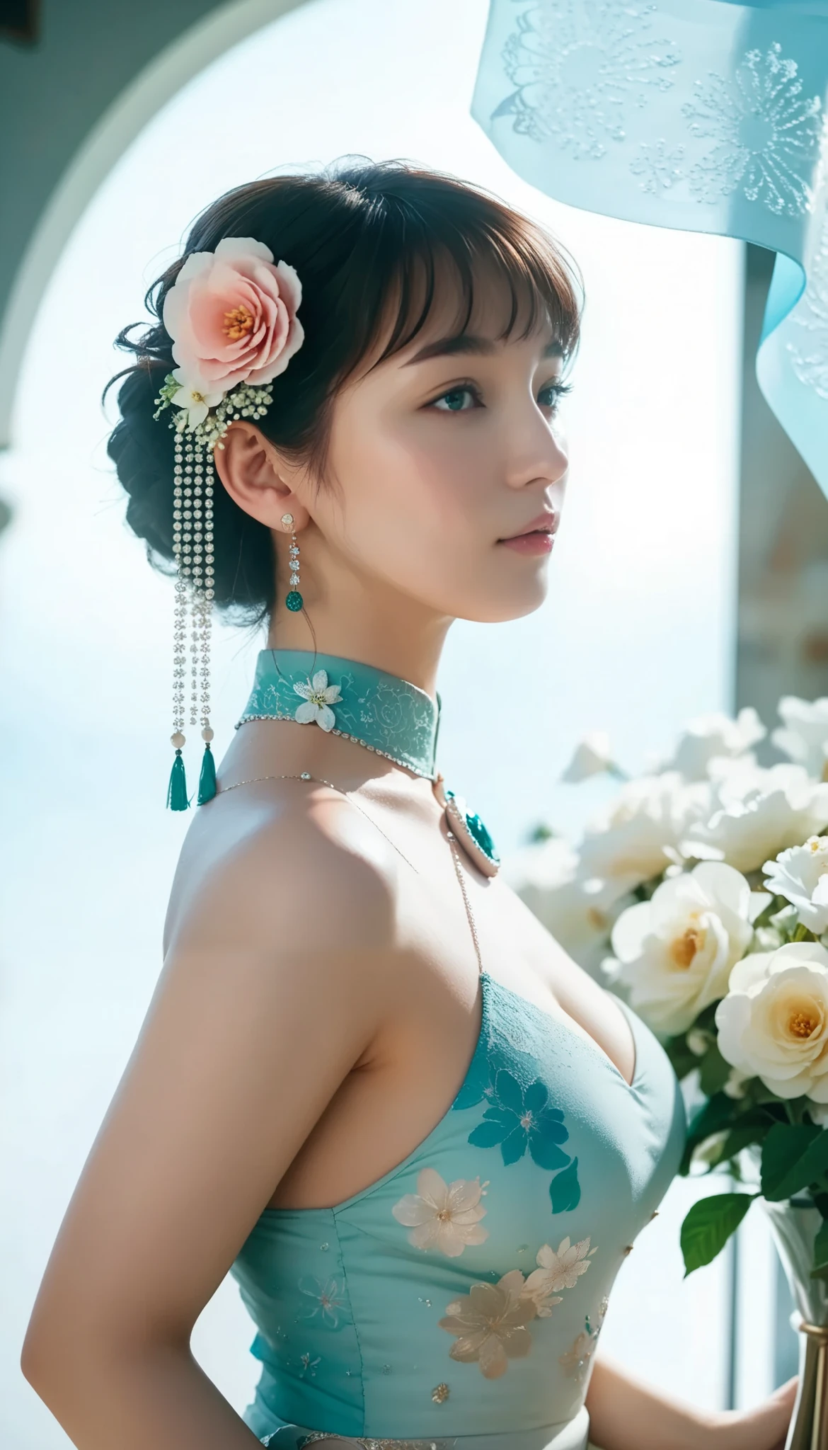 Myanmar girl A voluptuous, shapely bust Myanmar Dress Highly detailed flower painting , side shot , Banner written with Soft Lighting Glow Effect , Cinematic Look , beautiful hair, software, New Year Decorations