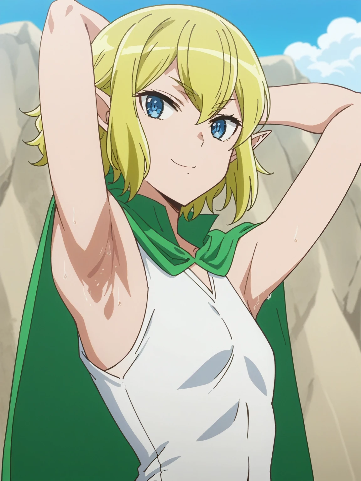 score_9, score_8_up, score_7_up, source_anime, anime screencap, 1girl, solo, ryuu lion, elf ear, short hair, blue eyes, yellow hair, bangs, white shirt, sleeveless, green cape, bare shoulders, bare arms, arm behind head, armpit, looking at viewer, head towards viewer, smile, badhandv4, outdoors, beach, closed mouth, from side, from below, sweaty armpit