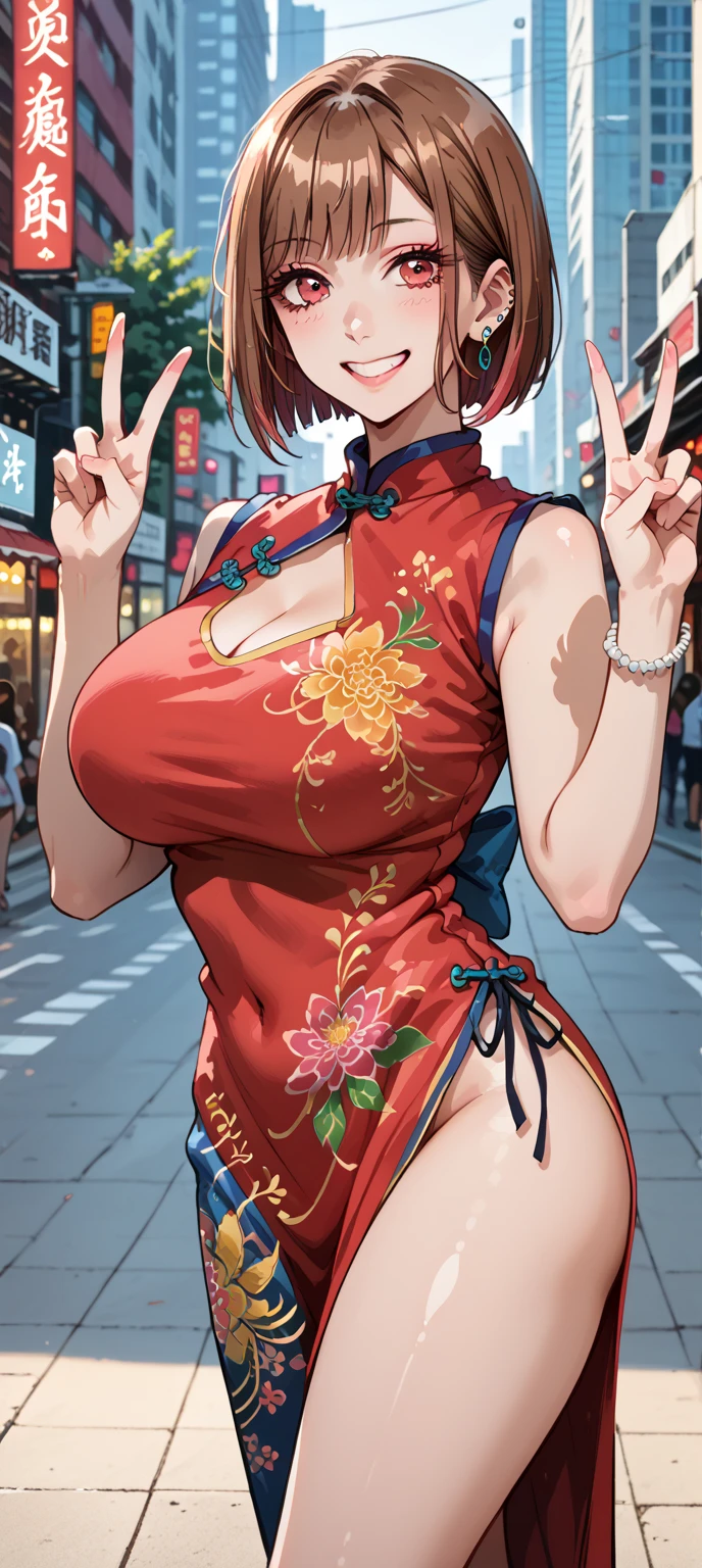 KJOmarin, brown hair, short bob hair, pink eyes, earrings, ear piercing, multicolored hair, score_9, score_8_up, score_7_up, source_anime, masterpiece,best quality, huge breasts, wide hips, big ass, big round butt, cosplayer, cosplaying Anna Williams, chinese dress, qipao, smile, double peace pose, city, evening, blurry backgrounds, simple backgrounds 