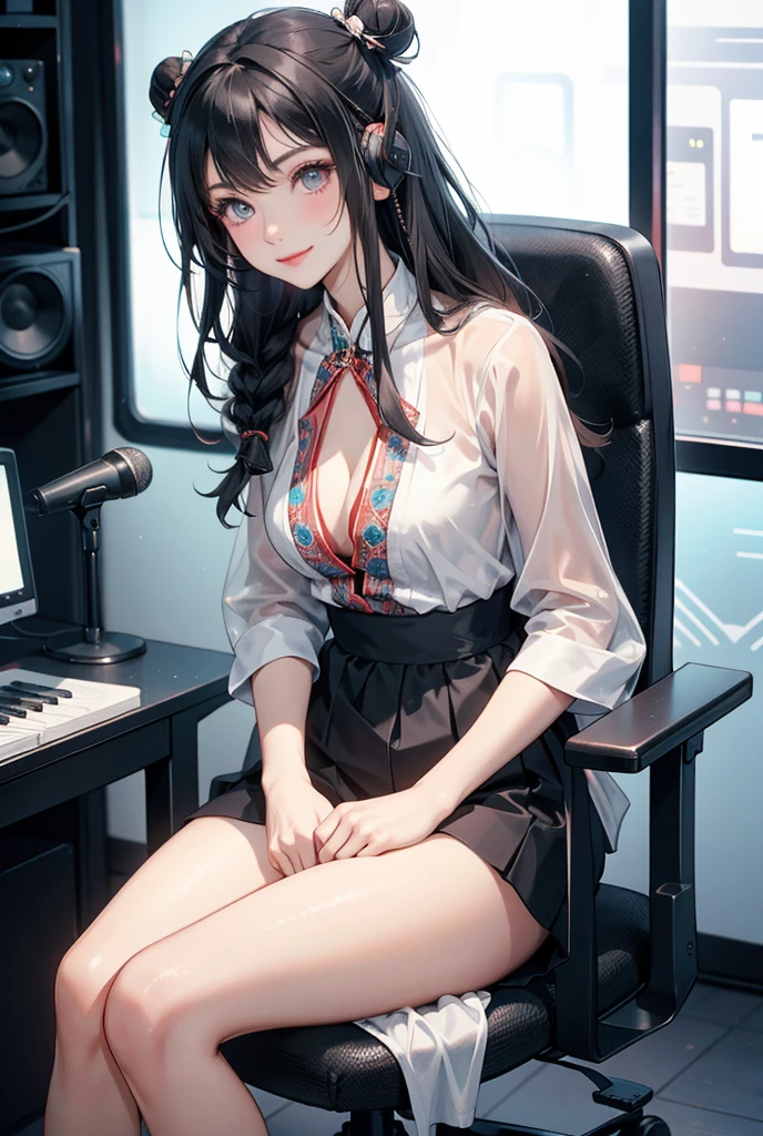 anime girl, Gabriel , looking disgusted , sitting in an armchair in a booth ,Carefree , Headpones , seios planos , olographic panel, olographic monitors gráficos , cyberpunk, control center, working with olographic painel, mini-skirt pantie. Blue light. Science fiction , vista de cima