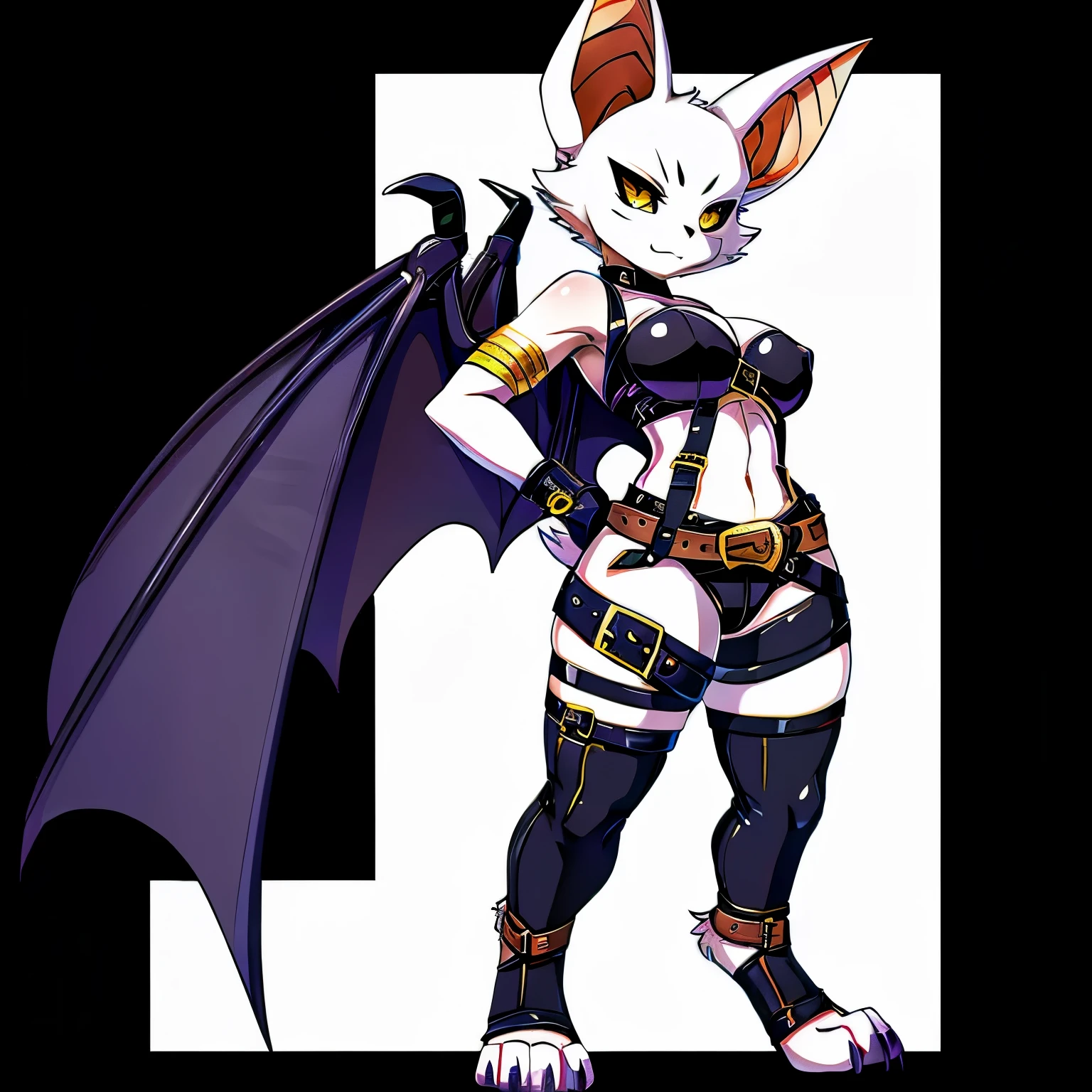 SFW version, anime, anime style, solo drawing, ((three-quarter view)), ((looking to the side)), full body picture, Anthro bat character, ((Tall figure)), ((buxom figure)), ((white skin)), clawed hands, ((clawed feet)), ((huge bat wings)), ((Purple Bat Wings)), ((white bat ears)), exposed belly, ((wearing belts on arms)), ((wearing belts around calves)), ((wearing belts around thighs)), sexy outfit, black clothes, ((white face)), neutral expression, bright yellow eyes, ((digitigrade legs)), ((digitigrade feet)), solid black background, dark background, highly detailed anime style, clean lines, beautiful demoness, female demon, gorgeous demon girl, attractive bat girl, ((hourglass figure)), short muzzle, furry cheeks, furry muzzle