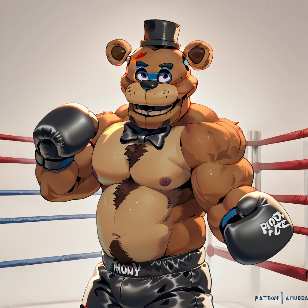 antropopomorphic , good anatomy, maduro, (muscular, bíceps, musclegut), (Freddy Fazbear (fnaf), brown fur), (black and white boxing shorts, sombrero de copa negro, black boxing gloves) , (fighting pose)