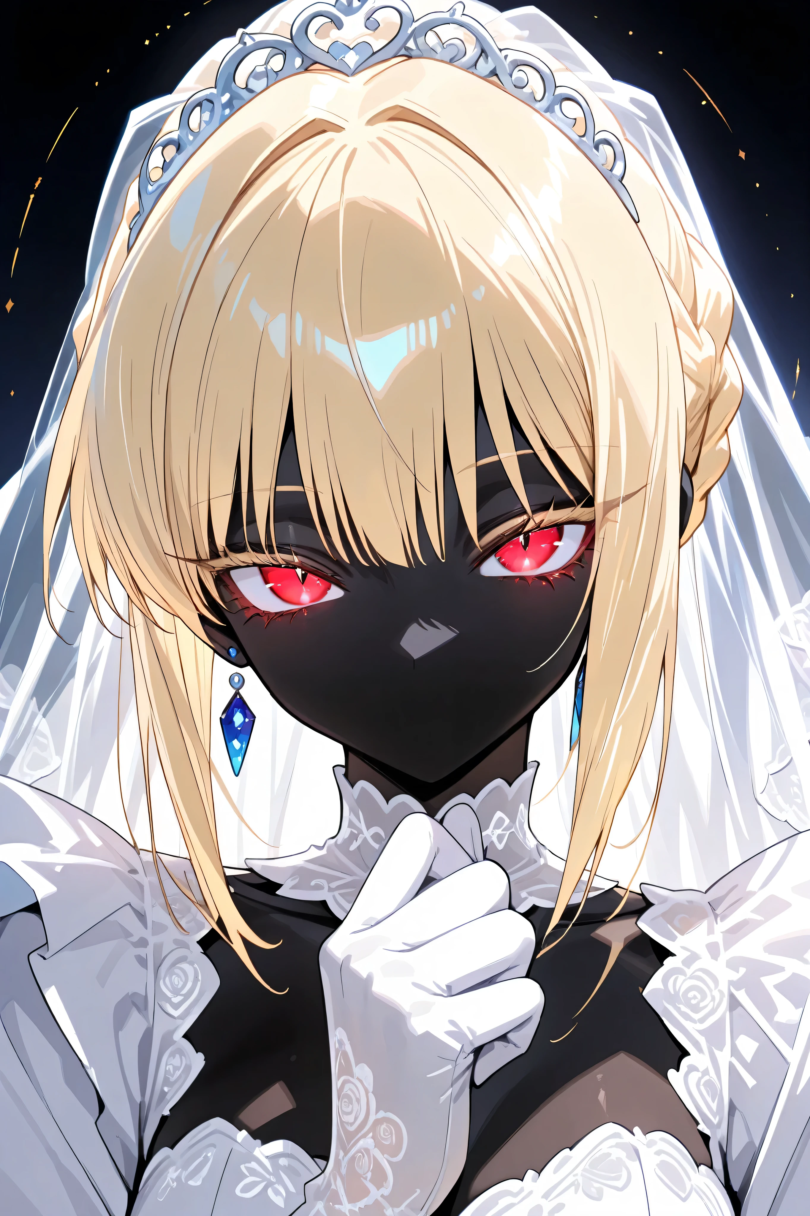 ((Score_9, masterpiece:1.3, highres, 8k wallpaper)), (black lady:1.3, no mouth:1.3, black body:1.3, black, black, black skin, beautiful blond bob cut, cool beauty eyes:1.3, Long eyelashes, Slit eyes:1.4, Cold Eyes, Narrow eyes, Pure white wedding dress:1.4, Intricate and beautiful embroidery:1.4, Beautiful pure white gloves, high light, beautiful effect:1.25