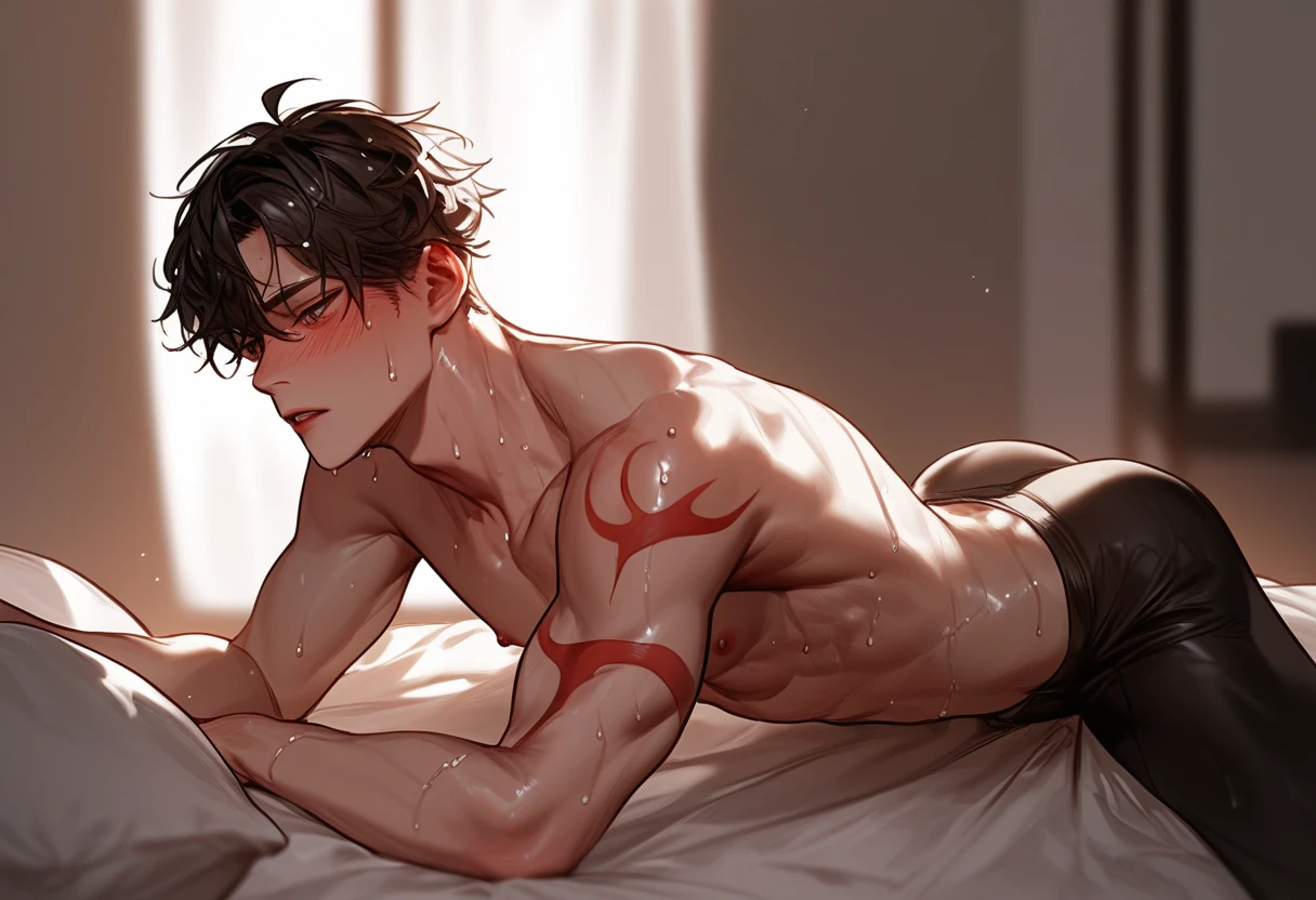 A male，  from the room ，On the bed，fitness，Sit-up position， Korean comic style ， young and energetic， Good condition ，  Smooth Skin， Very handsome脸瓜子脸，龙Tattoo，  Korean comic style  ，muscle，  White Skin，Tattoo， Wet Hairstyle  ，  sweating ， sweating ，pant ，Sweating， blush， Young Boy ，  charming eyes  ， Very handsome