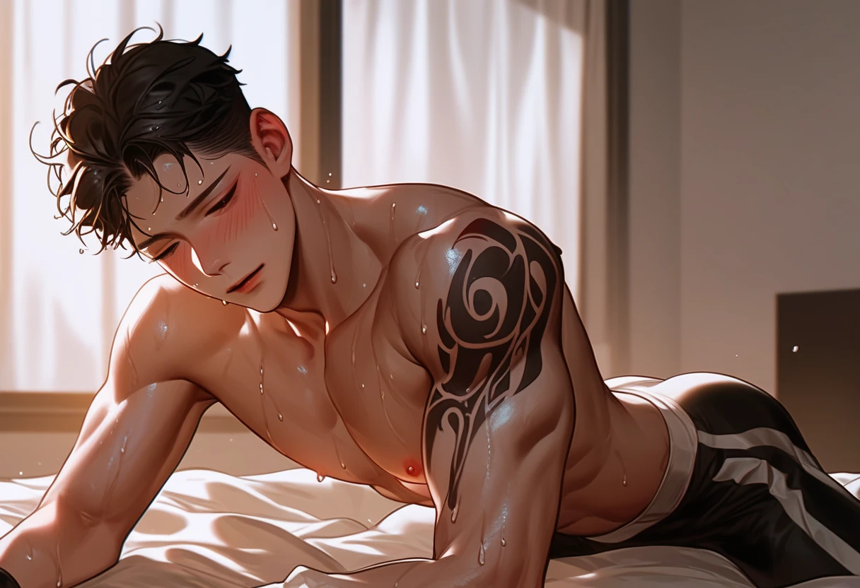 A male，  from the room ，On the bed，fitness，Sit-up position， Korean comic style ， young and energetic， Good condition ，  Smooth Skin， Very handsome脸瓜子脸，龙Tattoo，  Korean comic style  ，muscle，  White Skin，Tattoo， Wet Hairstyle  ，  sweating ， sweating ，pant ，Sweating， blush， Young Boy ，  charming eyes  ， Very handsome