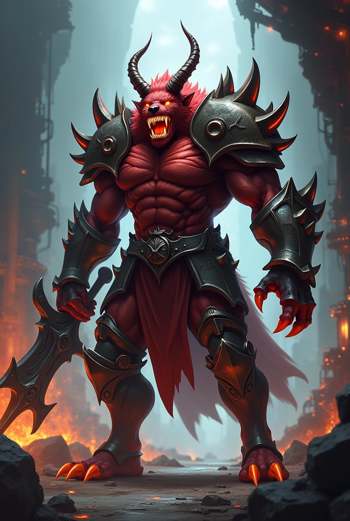 Monster, huge build, no eyes, no nose, red skin, straight horns, wide smile, prominent and sharp teeth, tight muscles, huge, has a leathery tail.