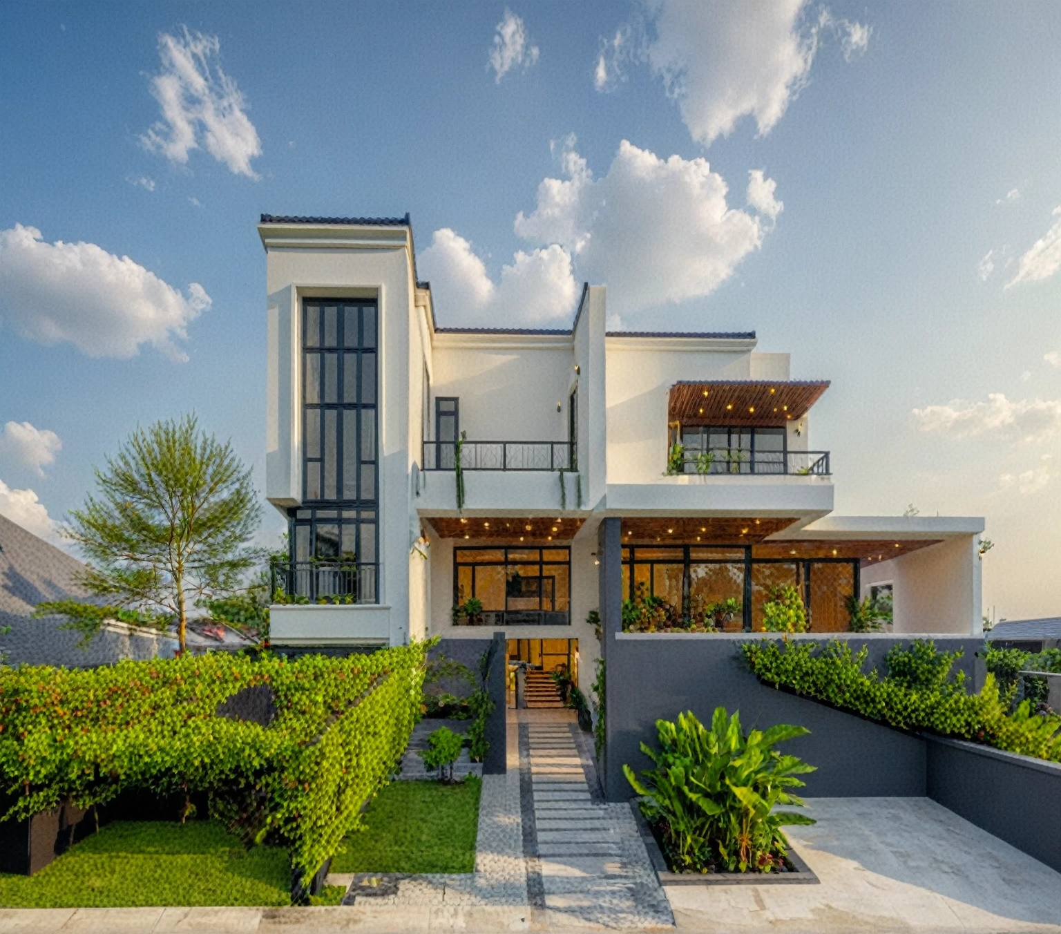 (masterpiece:1.2), best quality, photo of A two-story modern house in VietNam with white walls and dark tiles on the roof., tree and plant environment,daylight, streetcapes, natural light, vivid color, The exterior of an elegant single family home features large windows, a dark gray door frame.