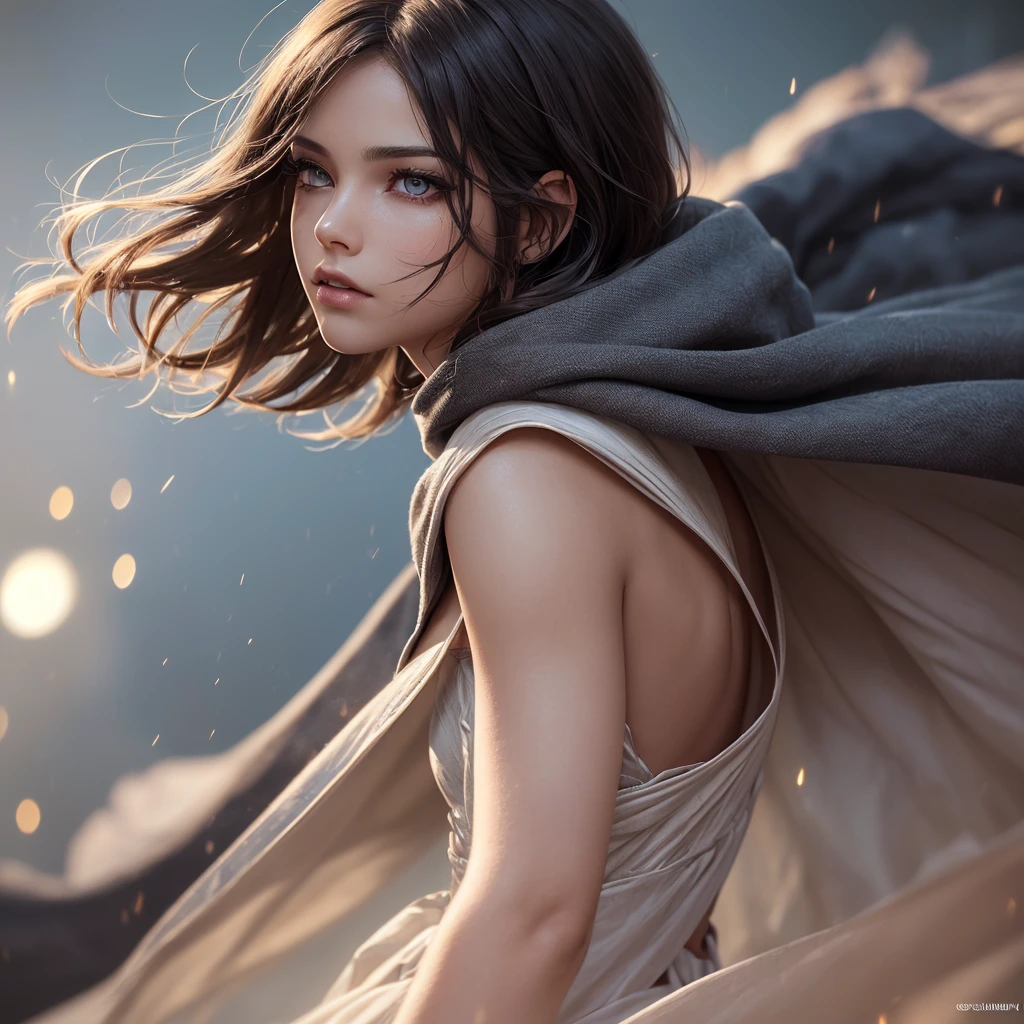 ((Medieval fantasy setting)). Tags: super detail, high details, high quality, best quality, highres, 4K, detailed face, face fix, detailed hands, detailed fingers, portret, 1girl "Echo is a 22-year-old half-elf. She has light brown skin. Thick light chestnut hair with caramel highlights and soft waves. Brown eyes with green hues. Her beautiful face is oval with soft features and pronounced cheekbones. She has full and attractive lips with a natural blush. A slight scar over her right eyebrow. Her ears are small like a human's but pointed like an elf's. Her physique is athletic and slim, she toned and flexible. She has a round and elastic body shapes."
Clothing. Tunic: A lightweight tunic made of fine sand-colored cotton fabric that helps blend in with the desert environment. The tunic has a free cut, providing ventilation, but at the same time it fits the body well, without hindering movements. There are leather inserts on the shoulders and back for minimal protection.
Pants: Lightweight pants in the same sand-colored cotton fabric that hug the legs and allow freedom of movement. The pants have several hidden pockets for storing weapons or other items.
Sandals: Light sand-colored leather sandals with soft soles that do not make noise when walking. Sandals provide comfort during long journeys in desert conditions.
Shawl: A loose shawl in a lightweight fabric that can be draped over the head and shoulders to protect from the sun.
Background: Desert, sand mounds, wind blowing sand, hot.
Tags: ((Cameltoe)), (Nipple Outline), (covered nipples), (covered pussy), ((Ass Outline)), (Butt Crack)