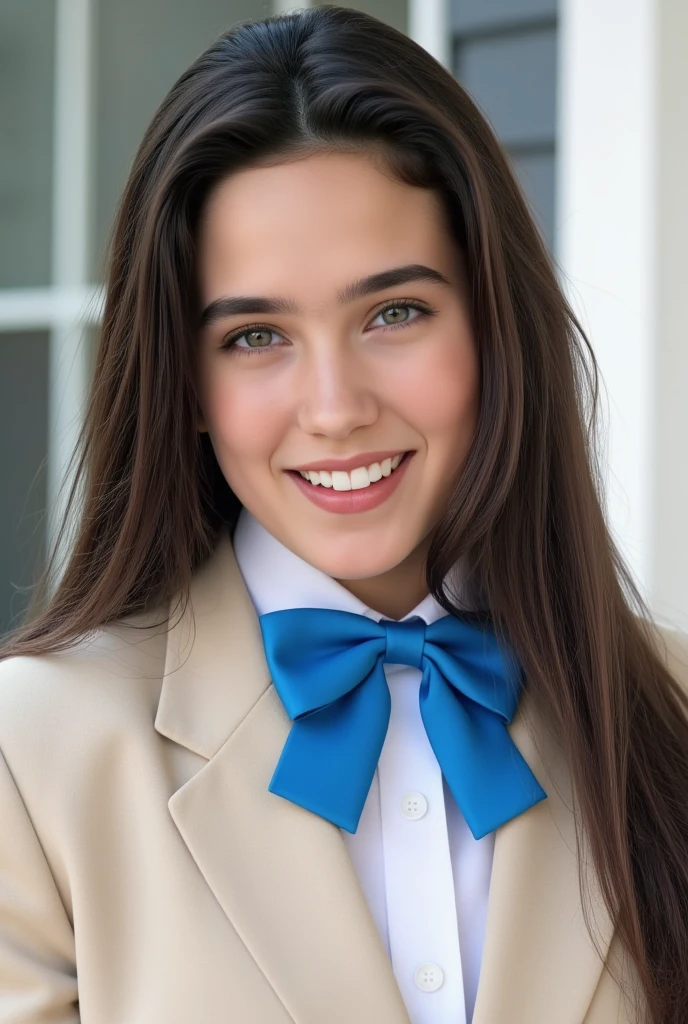 (masterpiece, best quality:1.3), 1girl, Alone, full body shot, 
she wear in tidy beige blazer school uniform and white shirt with a vivid blue bow tie., 
young Jennifer Connelly at age 15, 
pure innocent face, 
sweet smile, 
with cute face yet with precocious female body,
no make up, flawless pale skin, 
healthy youthful fresh succulent smooth fair skin,
joyful smile,
plump cheeks, light colored eyes,
scooped nose arched high with a turned-up tip,
plump blreasts, broad shoulders, 
shiny long dark hair fluttering,
under bright natural light illuminating on her face,