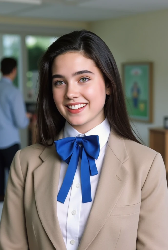 (masterpiece, best quality:1.3), 1girl, Alone, full body shot, 
she wear in tidy beige blazer school uniform and white shirt with a vivid blue bow tie., 
young Jennifer Connelly at age 15, 
pure innocent face, 
sweet smile, 
with cute face yet with precocious female body,
no make up, flawless pale skin, 
healthy youthful fresh succulent smooth fair skin,
joyful smile,
plump cheeks, light colored eyes,
scooped nose arched high with a turned-up tip,
plump blreasts, broad shoulders, 
shiny long dark hair fluttering,
under bright natural light illuminating on her face,